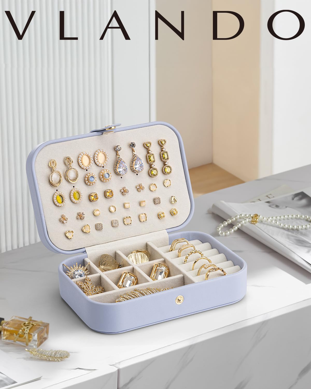 Vlando Travel Jewelry Case for Women Girls Mothers, PU Leather Portable Small Jewelry Box for Rings, Necklaces, Bracelets, Earring Holder Organizer Storage for Travel Gifts Bridesmaid Gifts - Purple