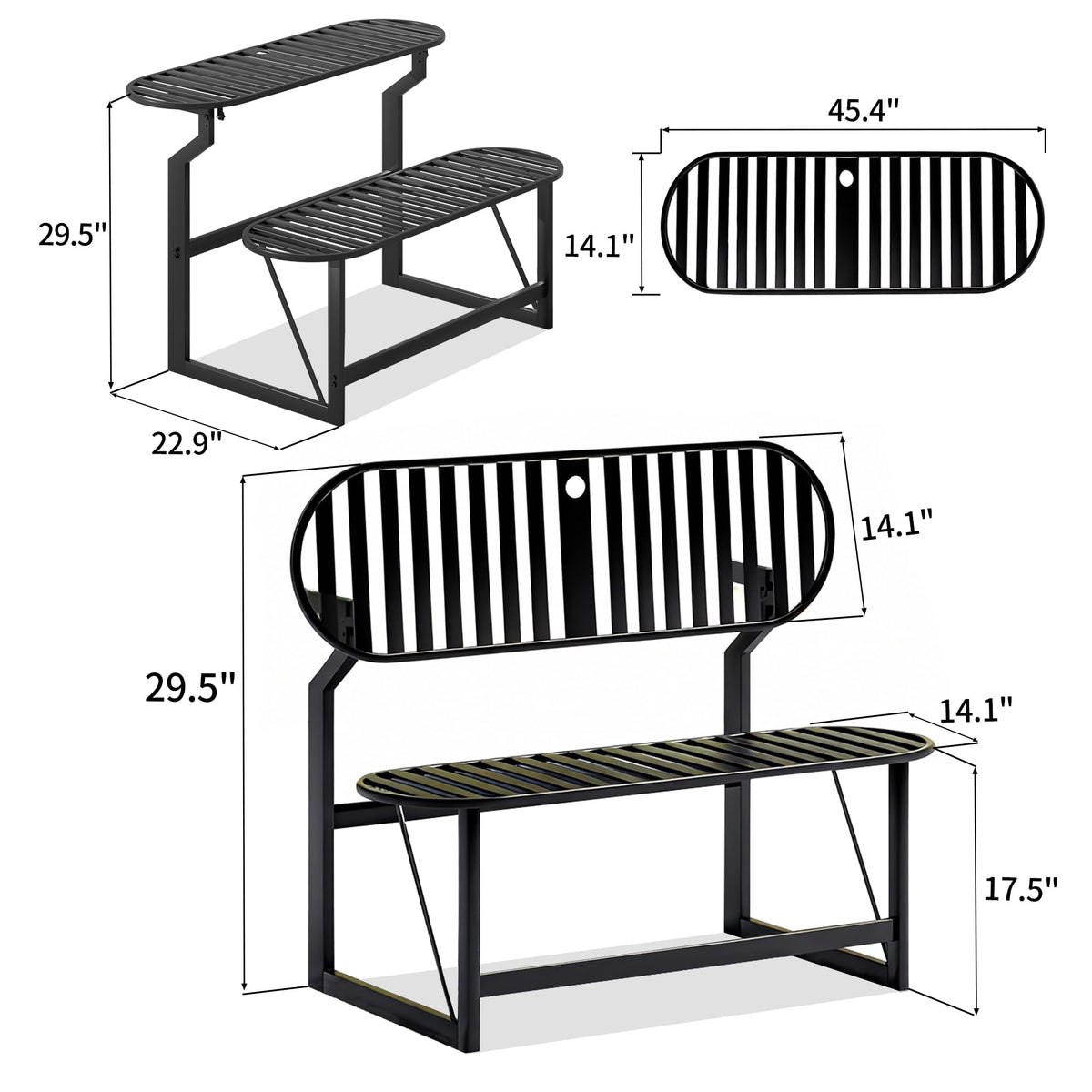 ZONVEOKE Convertible Bench, 2 in 1 Carbon Steel Picnic Table, Transforming Interchangeable Outdoor Table with Umbrella Hole, for Outside Patio Porch Backyard Park Garden 2 Pack Black Bench