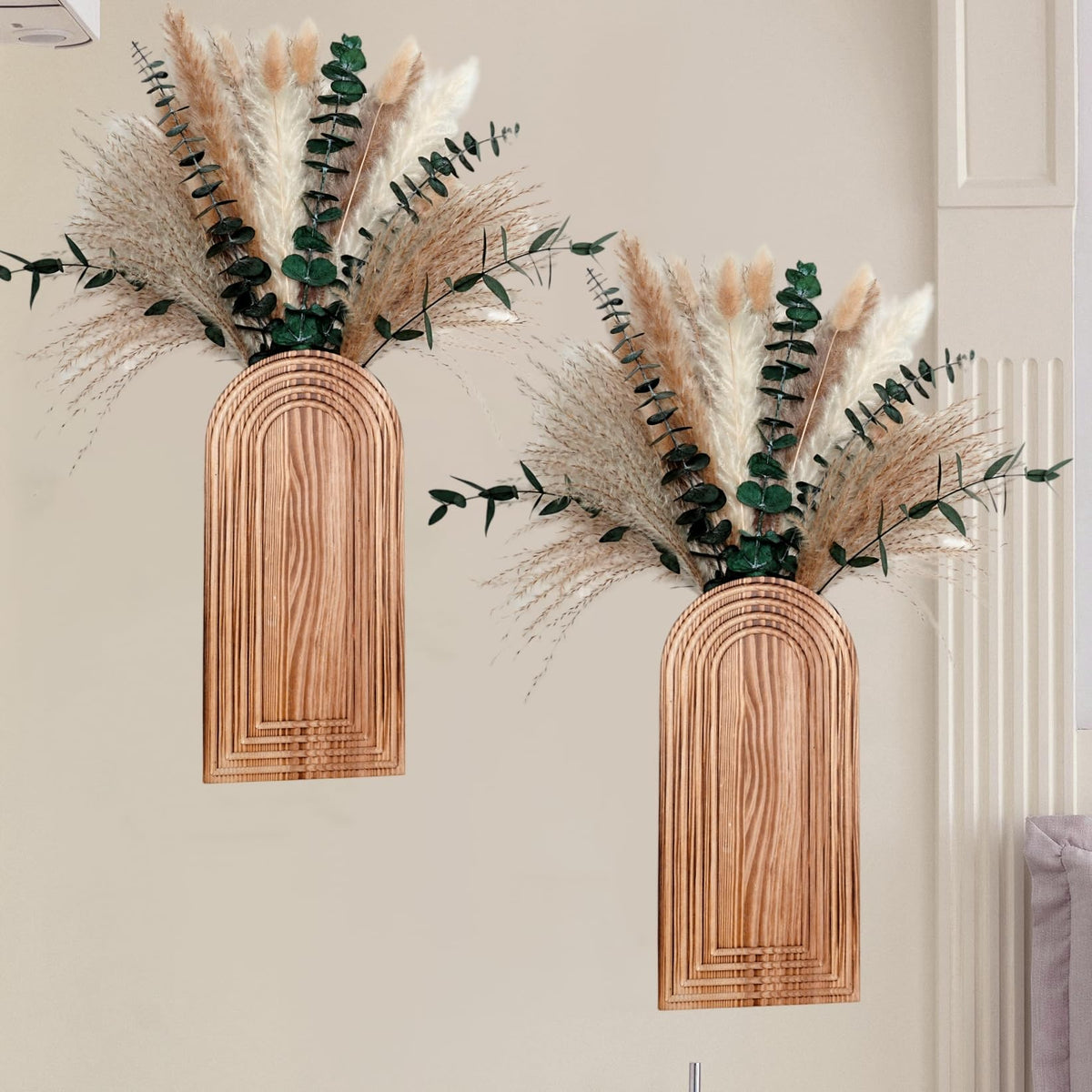 Set of 2 Wooden Vases with Pampas Grass and Eucalyptus – Boho Decor for Living Room, Modern Farmhouse Entryway or Bathroom, Rustic Art for Home Decoration