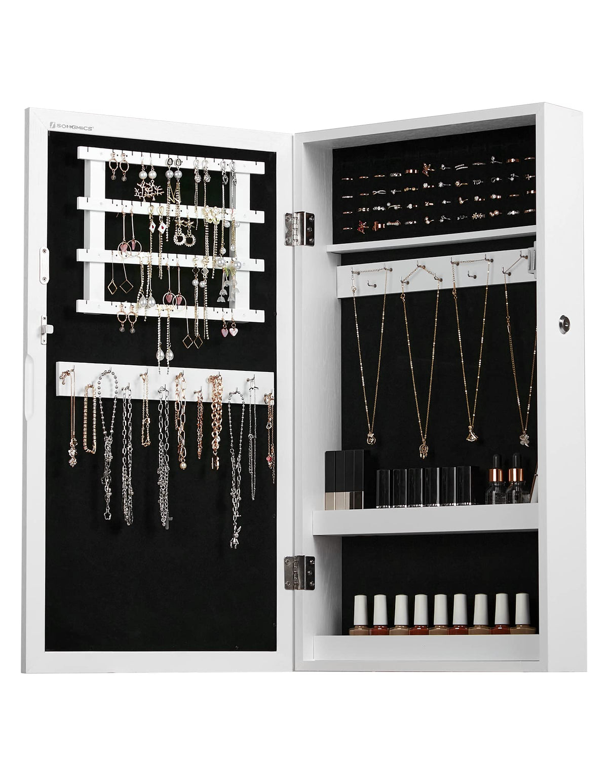 SONGMICS Lockable Jewelry Cabinet Armoire with Mirror, Wall-Mounted Space Saving Jewelry Storage Organizer, White UJJC51WT