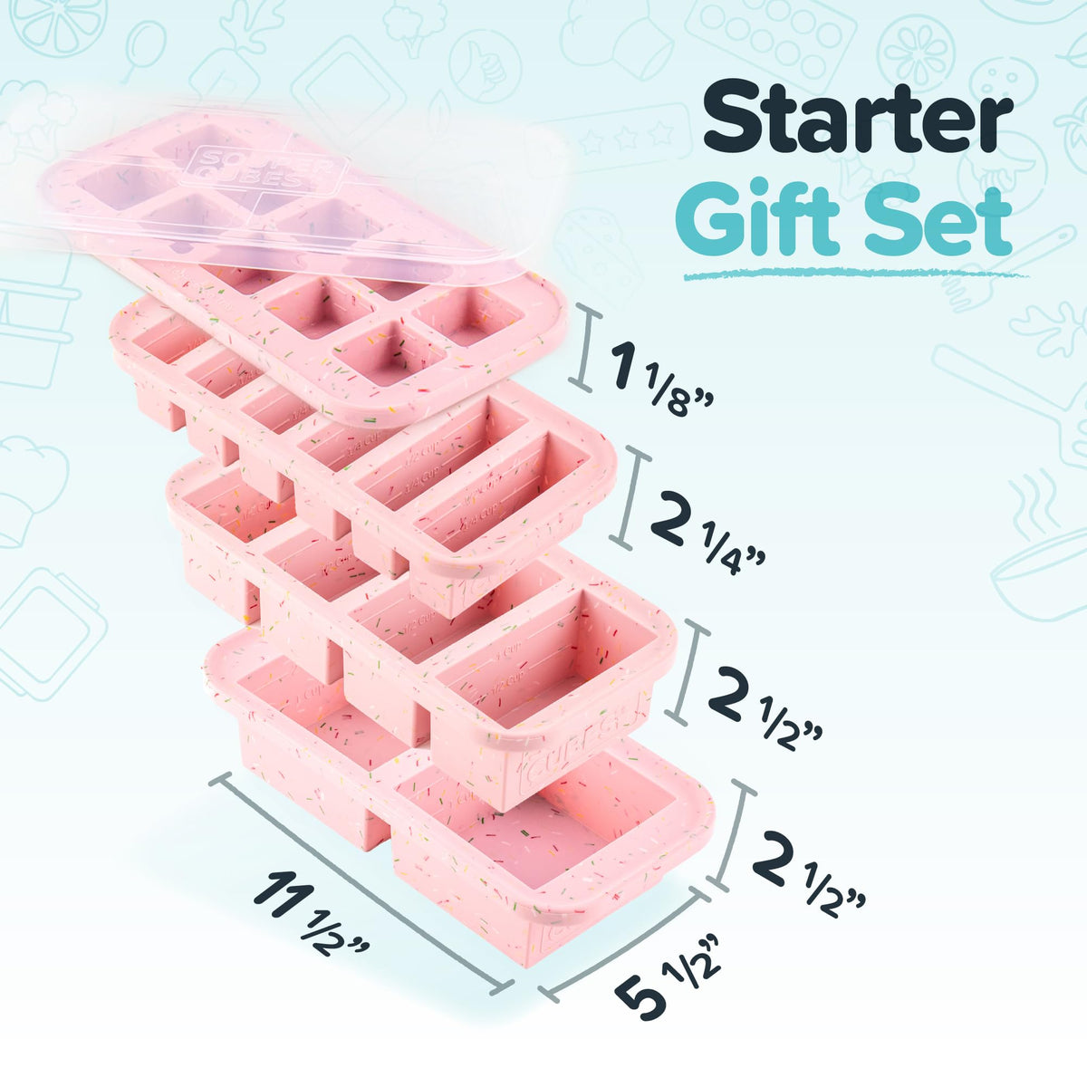 Souper Cubes Silicone Freezer Molds Gift Set with 2 Tbsp, 1/2, 1, and 2 Cup Silicone Freezer Trays With Lids - Meal Prep and Kitchen Essentials Bundle - Cotton Candy