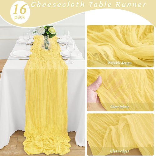 16Pack Light Yellow Cheesecloth Table Runner 10FT Yellow Gauze Table Runner 35x120Inch Long Boho Spring Easter Table Runners Rustic Sheer Table Runners for Wedding Baby Bridal Shower Decor
