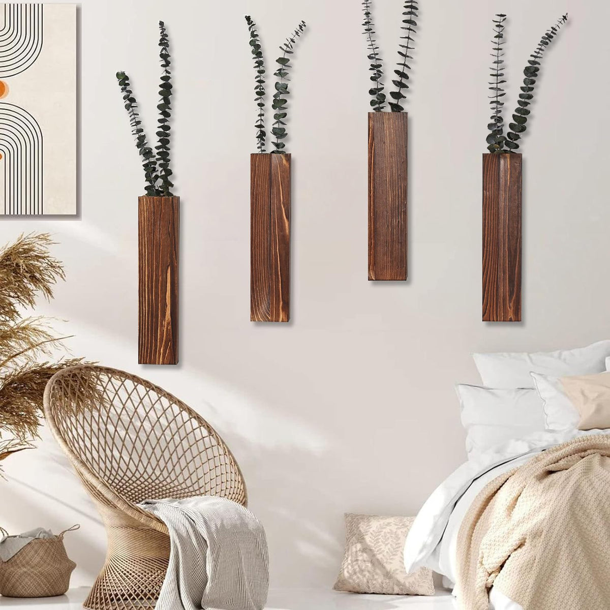 Sawoake Wooden Wall Planter Set of 4 - Modern Home Decor for Living Room, Bedroom, Bathroom - Walnut Finish Planter for Dried Flowers, Faux Greenery, Indoor Plants