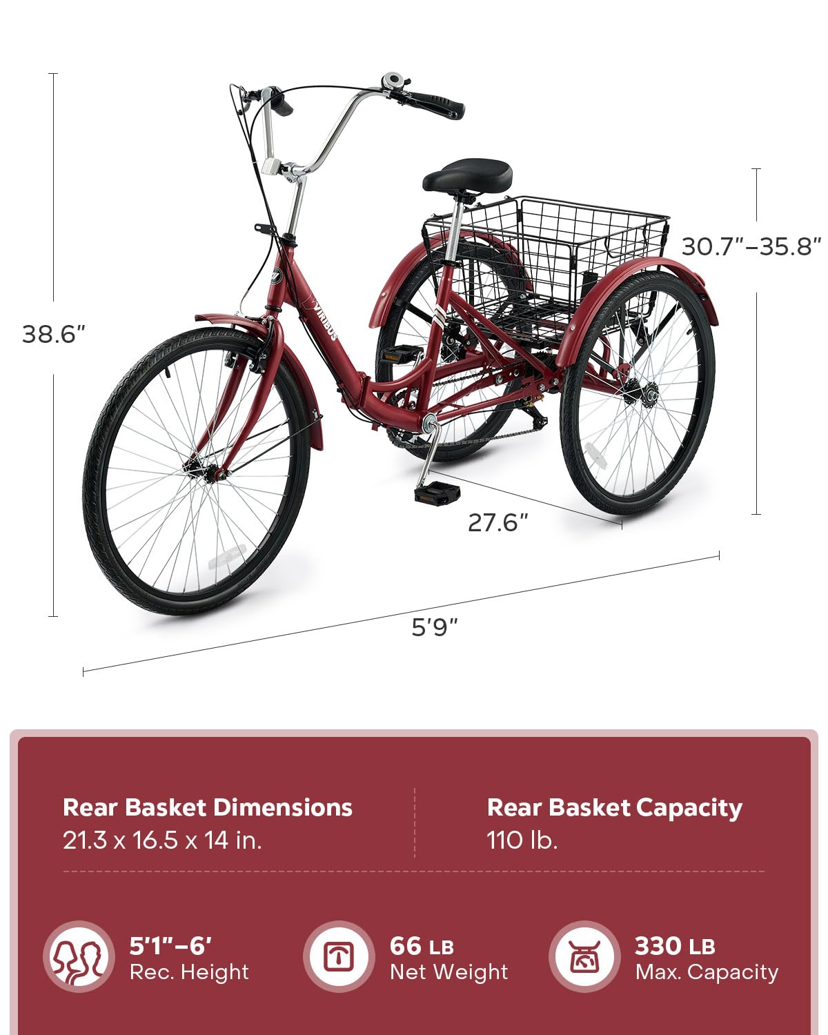 VIRIBUS Folding Tricycle for Adults, 7 Speed Foldable Adult Tricycle with Removable Wheeled Basket, Folding 3 Wheel Bikes for Adults Men Male Seniors 24 inch, Collapsible Trike 330 LB. Red