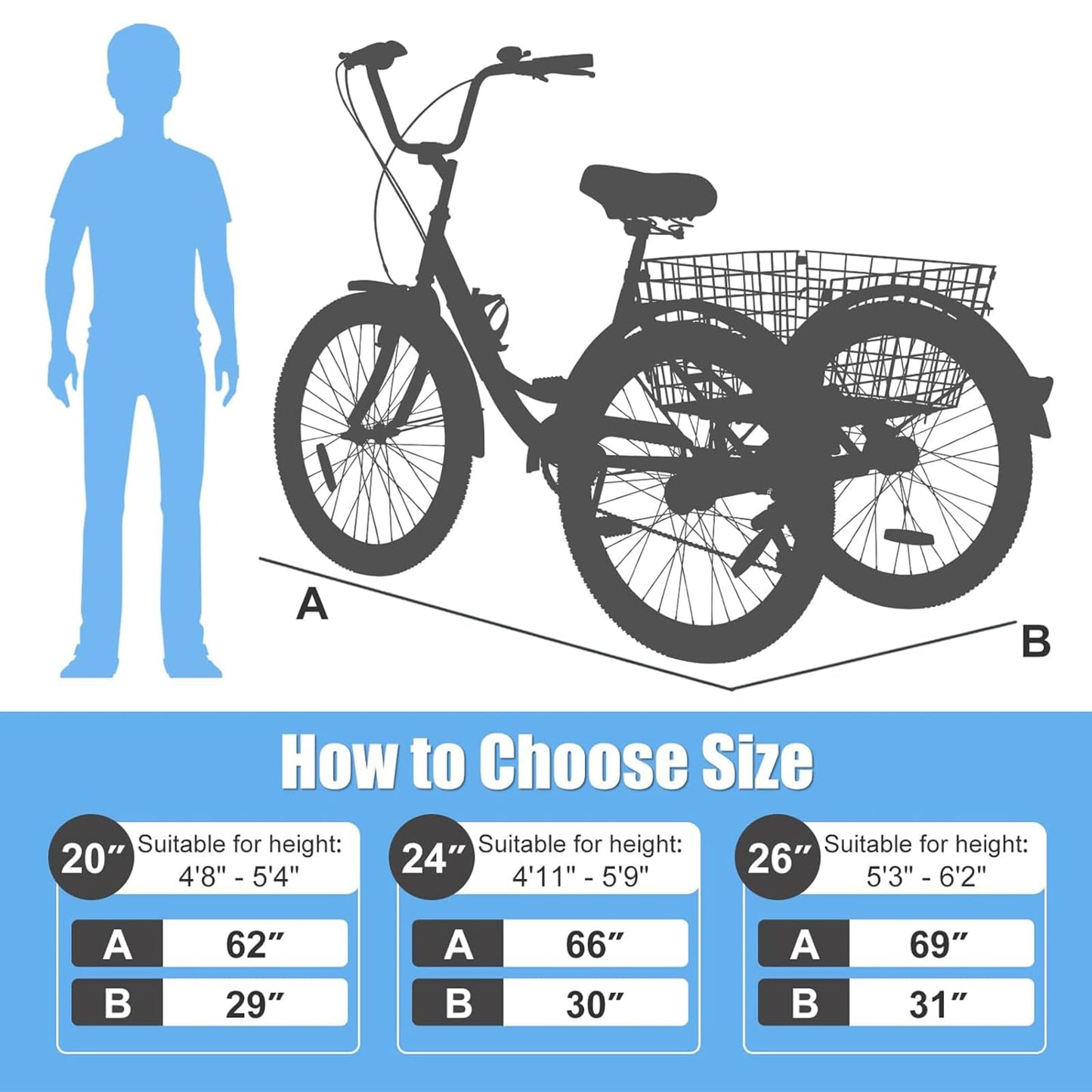 EOYOBIKE Adult Tricycle 3-Wheel Cruiser Bike, Low Step-Through, Heavy-Duty Comfort Trike with Adjustable Handlebar & Spring Saddle, Large Rear Basket, for Seniors & Adults (Harbor Blue, 26" Tire)