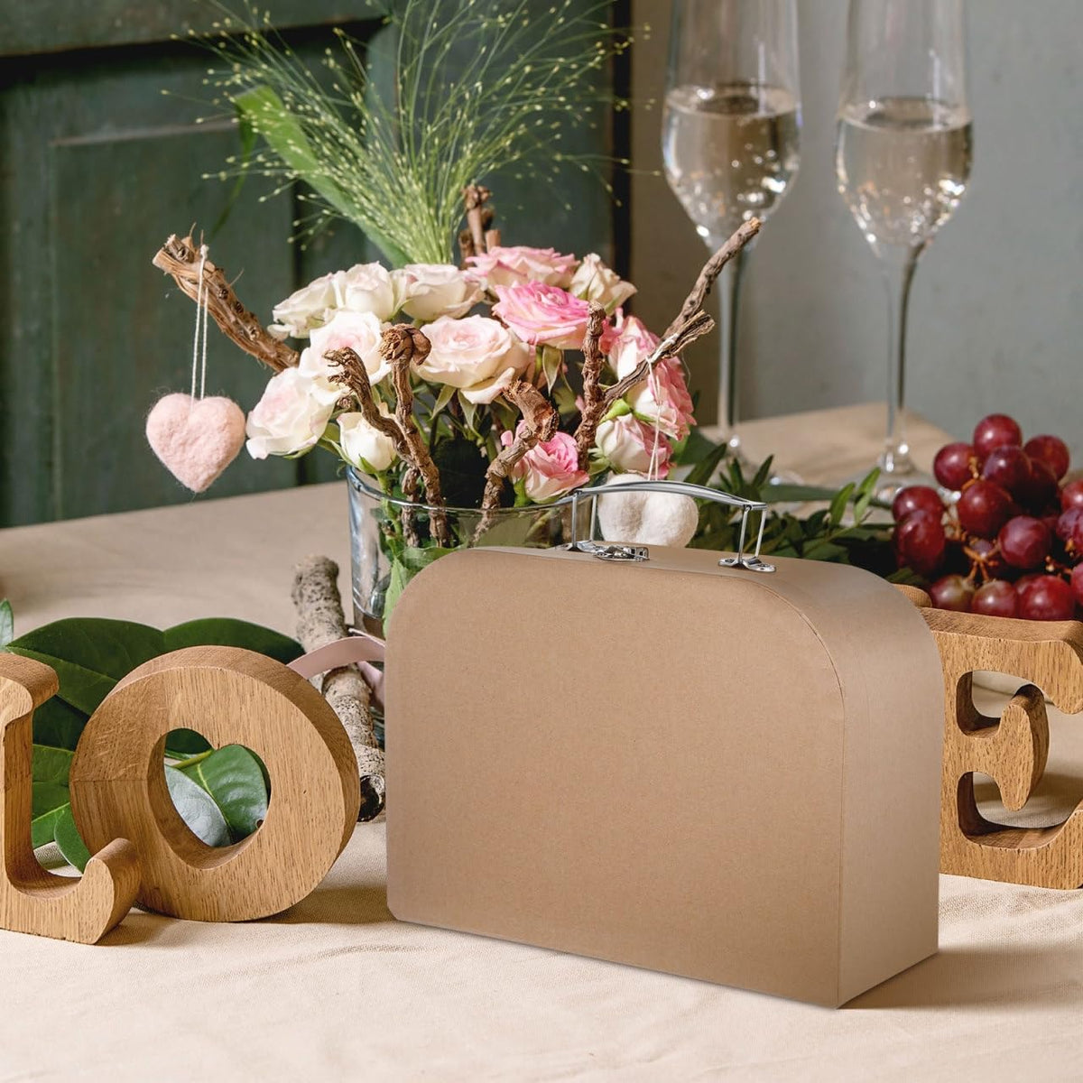TEHAUX 10" Premium Kraft Paper Suitcase Gift Box with Metal Handle & Latch, Rustic Mini Cardboard Trunk for Bridesmaid Proposal, Keepsake Storage and DIY Wedding Party Favors (Light Brown)