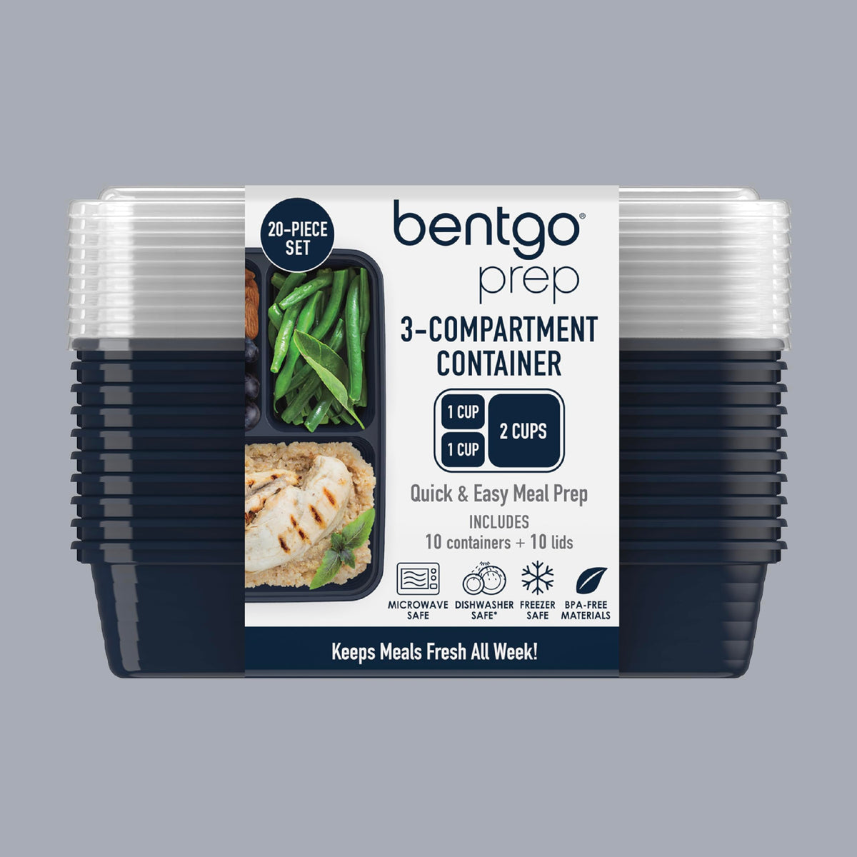Bentgo Prep - 20-Piece 3-Compartment Reusable Meal Prep Containers with Lids, PFAS & BPA Free Materials, Durable, Microwave, Freezer, & Dishwasher Safe To Go Food Storage (Navy Blue)