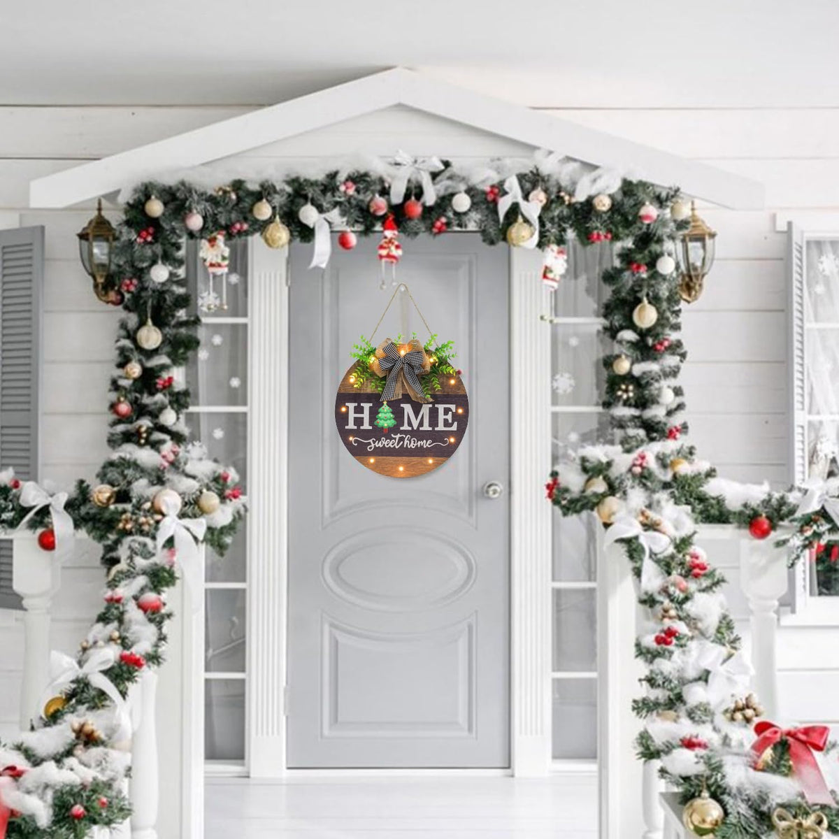 Interchangeable Welcome Sign for Front Door with 14 Changeable Icons, Farmhouse Front Porch Decor Rustic Wooden Wall Sign with 12 LED Lights, Outdoor Seasonal Welcome Home Decorations (Wood home1)