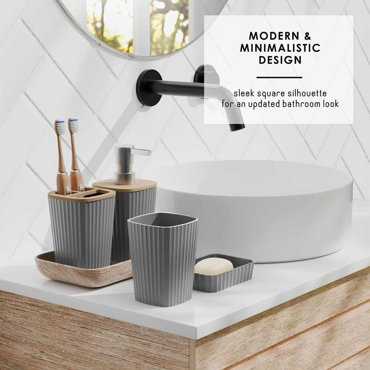 Clara Clark Bathroom Accessories Set - Bathroom Set, Bathroom Accessory Set, Shower Curtain Set, Toilet Brush, Trash Can & Soap Dispenser - Grey - 20PC
