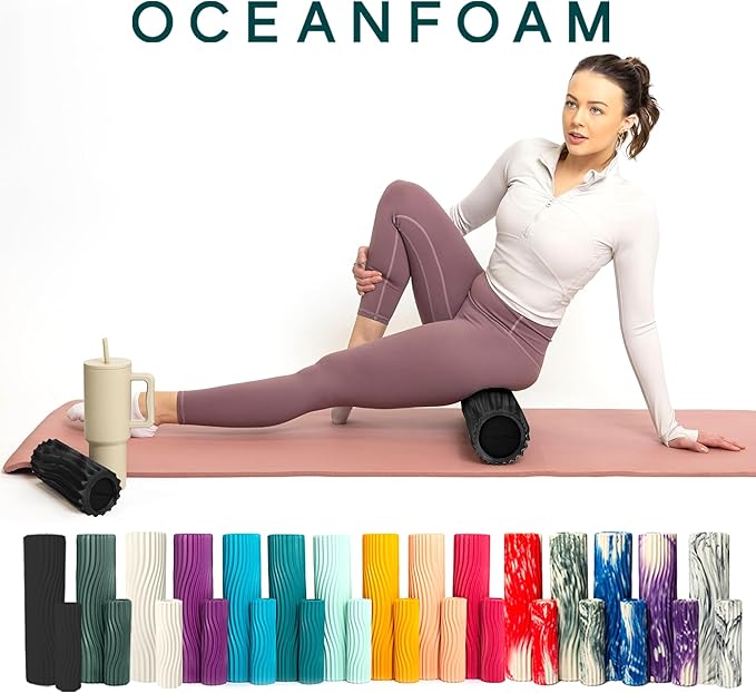 Oceanfoam Tidal Roller - Black & Charcoal Marbled - Muscle Massage Foam Roller for Back Pain & Stretching - Firm and Ergonomic Wide Wave Textured - Yoga, Athletics, & Wellness - Full Size, 20" x 5"