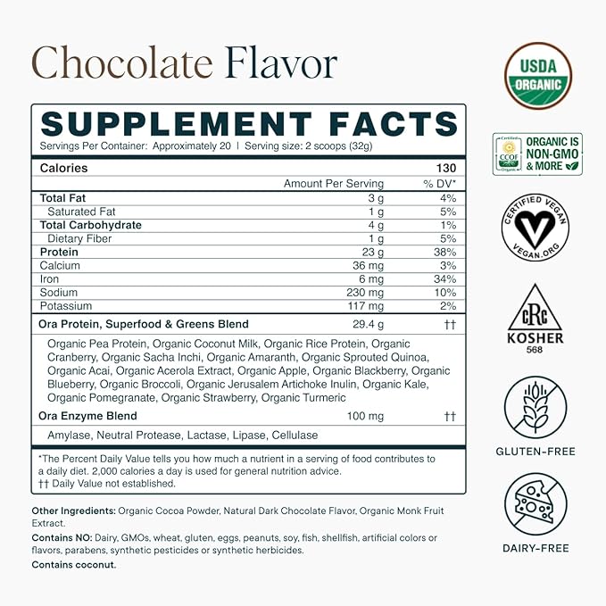 Ora Organic Vegan Protein Powder - 23g Plant Protein for Women and Men - Chocolate Flavor 20 Servings, Bloat-Free, Gluten Free, Non-GMO, No Artificial Sweeteners