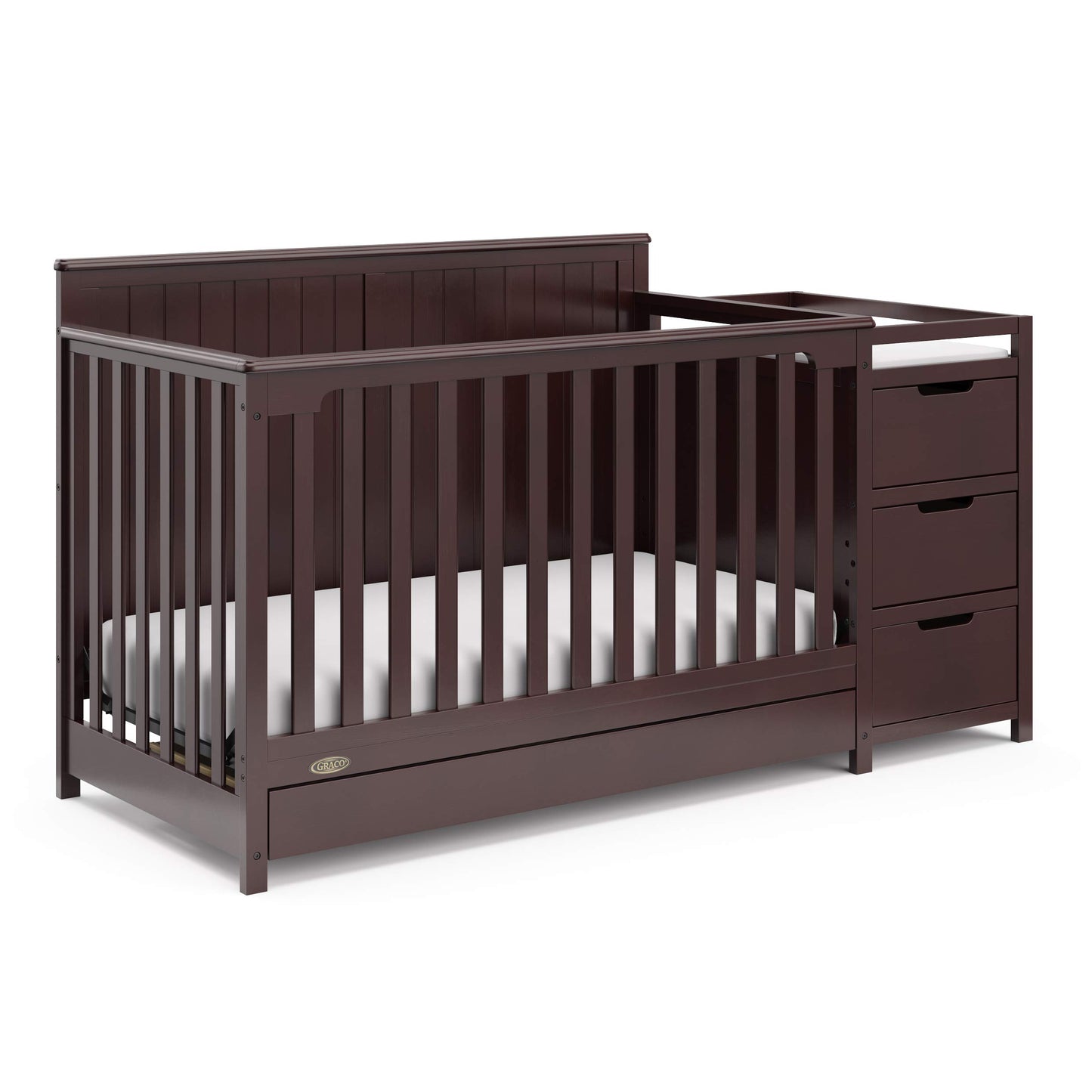 Graco Hadley 5-in-1 Convertible Crib & Changer – GREENGUARD Gold Certified, Fits Standard Crib Mattress, Converts to Toddler Bed and Full Bed, 4 Adjustable Mattress Heights (Espresso)