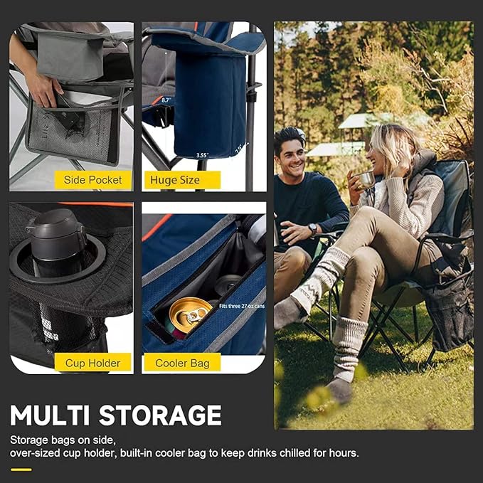 FAIR WIND 2 Pack Oversized Fully Padded Camping Chair with Lumbar Support, Heavy Duty Cooler Bag Fold Chair Support 450 LBS