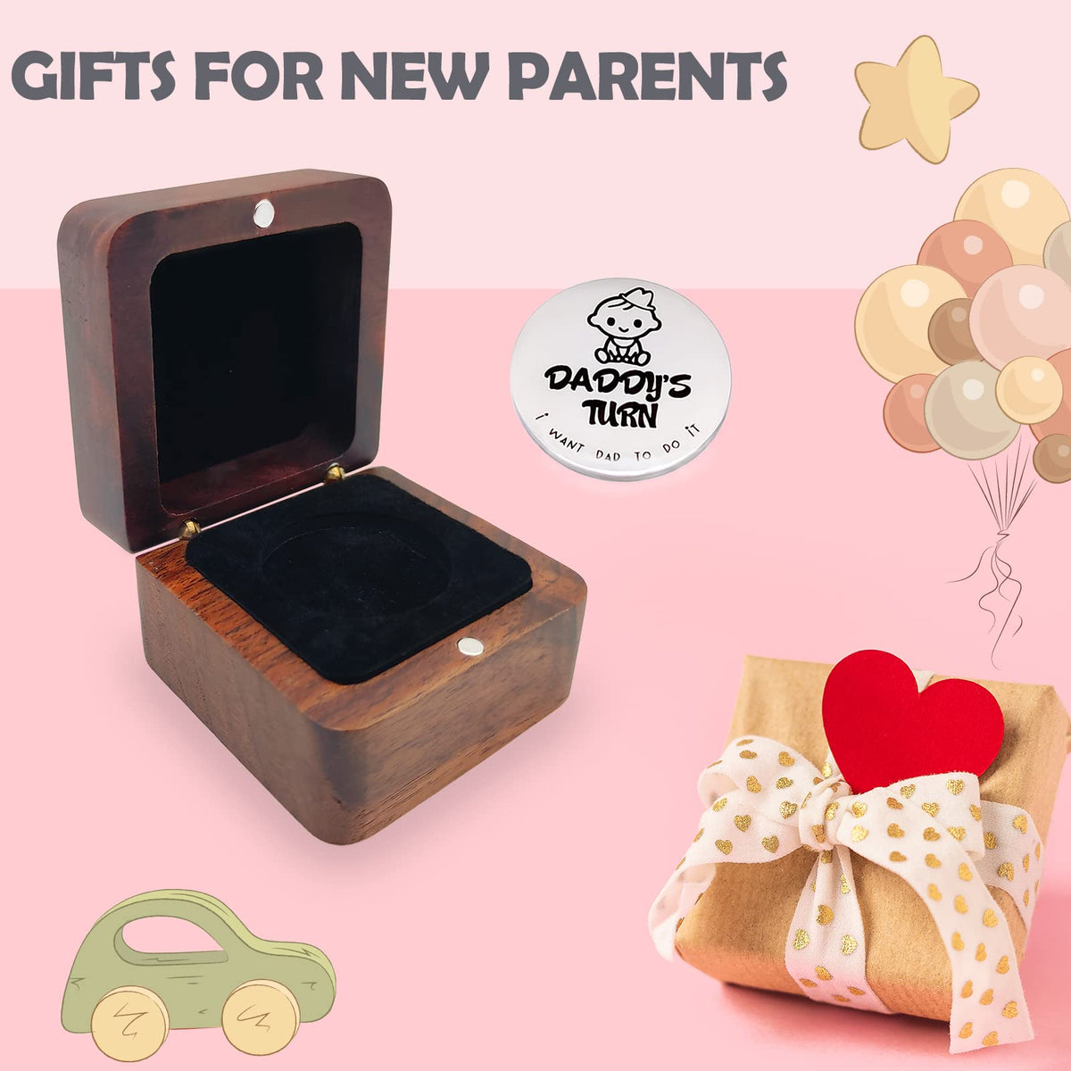 New Baby Gifts for New Parents Mom Daddy Funny Double-Sided Silver Decision Coin with Handmade Wooden Box Pregnant Gifts for First Time Moms Keepsake for Baby Memory