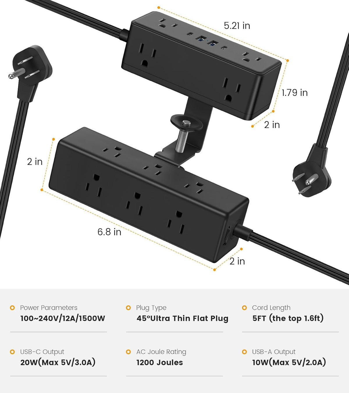 VILONG 4 Ports(20W 15 5FT Dual Layer Desk Clamp Power Strip with USB USB-C) & AC Outlets, Desktop Edge Mount Surge