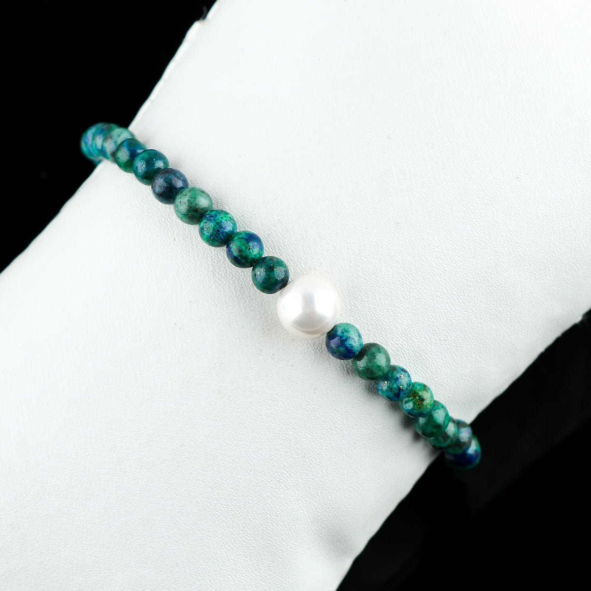 CRYSTALIS Natural Malachite Azurite Beads Slider Bracelet with Elegant Pearl, High Grade Beaded Crystals, Chakra Healing Gemstone, Gift Giving Women Jewelry, 925 Sterling Silver Slider 10 inch