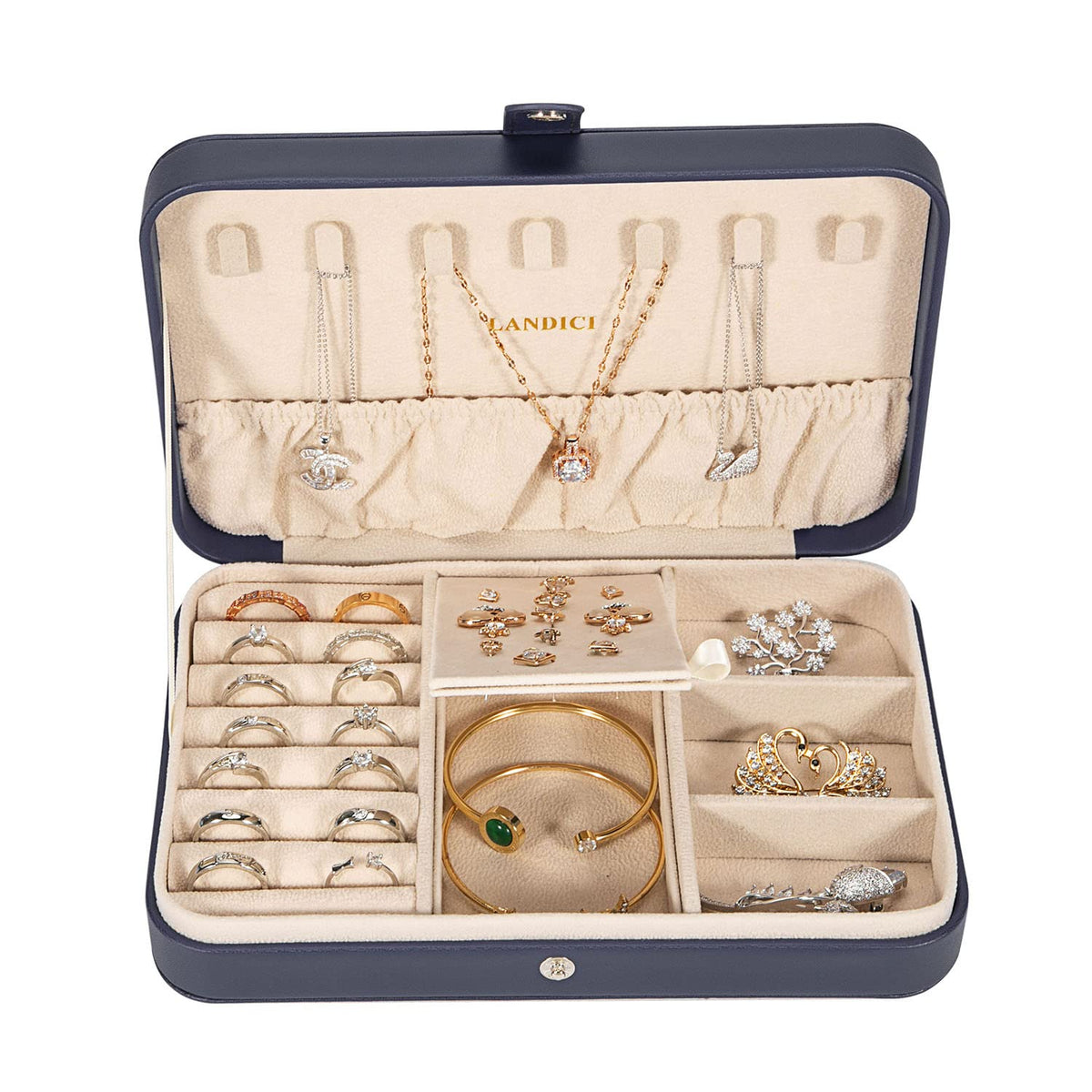 LANDICI Small Jewelry Box for Women Girls, PU Leather Travel Jewelry Case, Portable Jewelry Organizer Storage Holder Display for Ring Earrings Necklace Brooch Men Kids Gift, Dark Blue