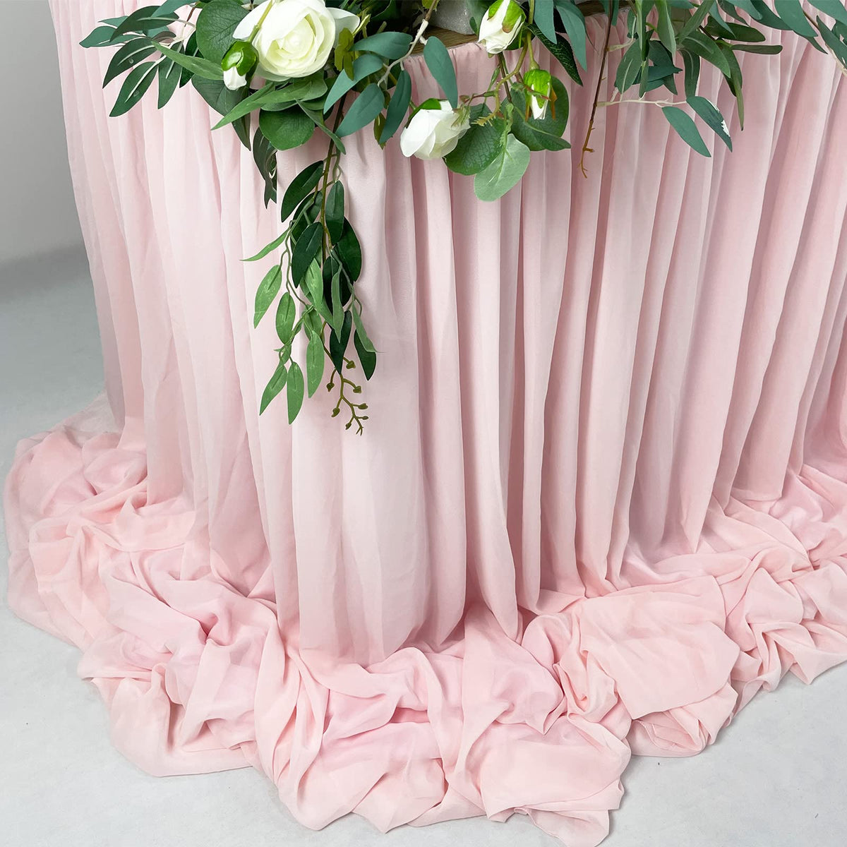 EHLDekol Pooling and Floating Chiffon Table Skirt, 6FT 9FT 14FT Sheer Tablecloth, Baby Shower, Birthdays, Wedding Table Skirt (Blush Pink, 9FT)