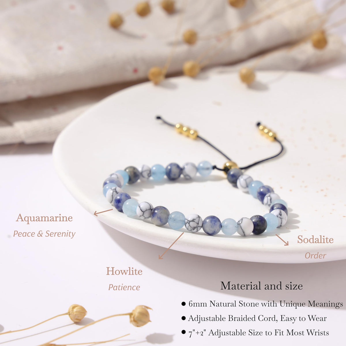 NUKAYAI Calming Bracelet for Women Gifts Healing Crystals Howlite Sodalite Aquamarine Jewelry Natural Stones for Women Friend Sister