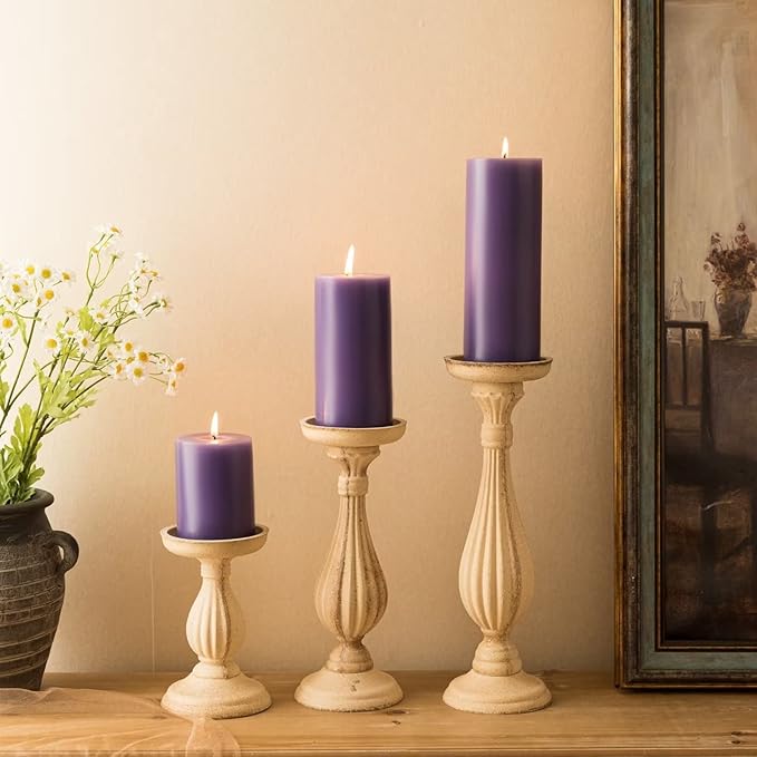 MOZEAL 3" x 6" Hand-Poured Unscented Candle,Dripless Pillar Candle Set of 3,Long Lasting Burning,Approx 120 Hours Burn Time,Rustic Country Style,for Wedding,Dinner,Christmas and Home Decor,Purple