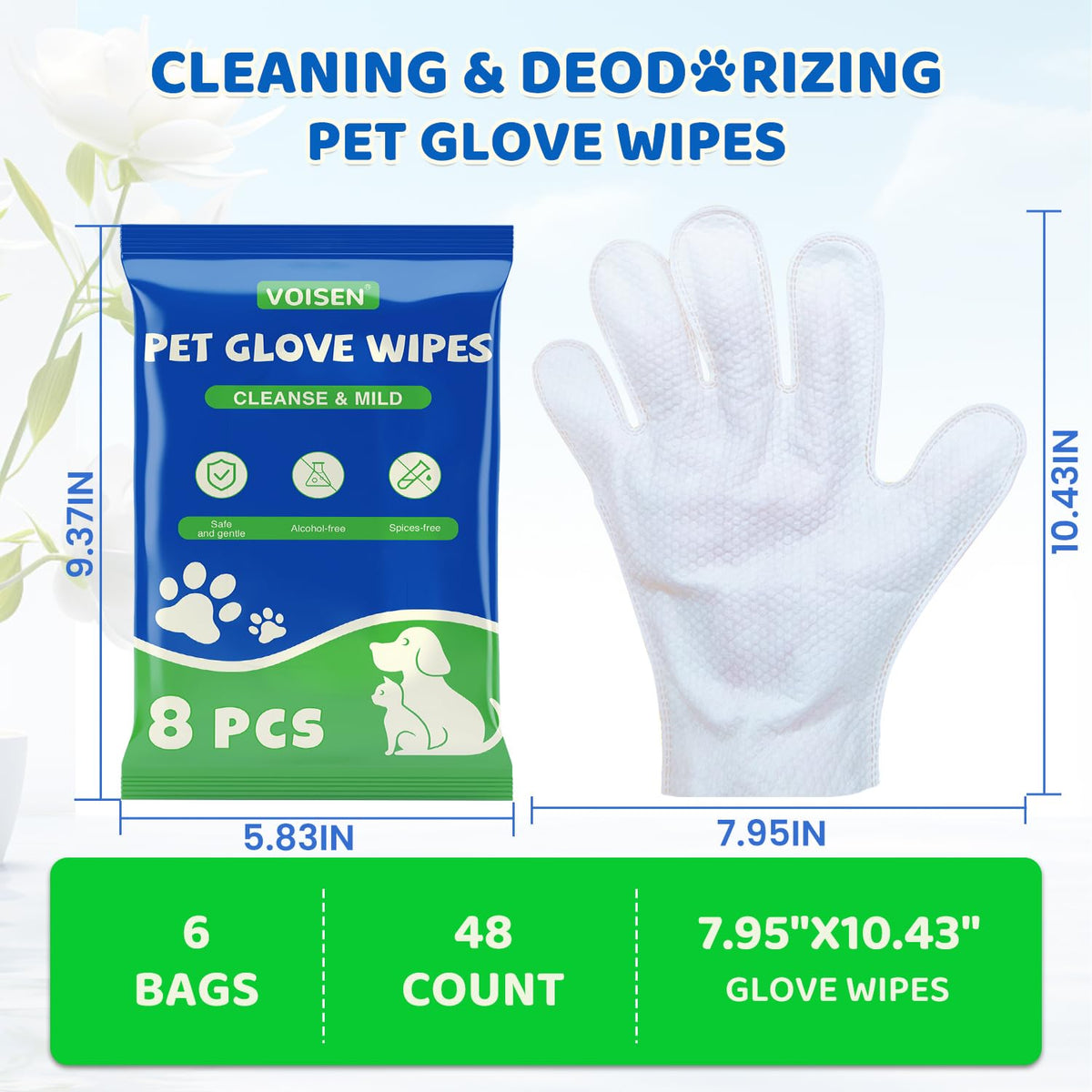 VOISEN 48 Pcs Pet Glove Wipes for Dogs and Cats, Cleaning & Deodorizing Bathing Grooming Wipes,Unscented Thick Nourish Fur Glove Wipes for Pet Dry Cleaning,Daily Care and Travel