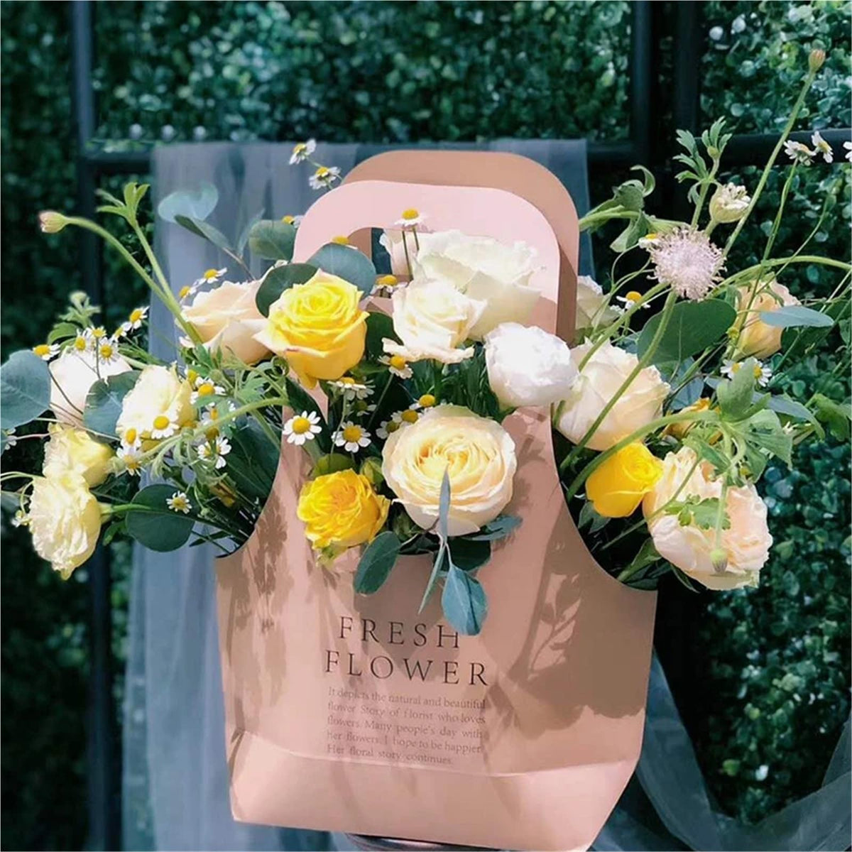 Nikeg Kraft Paper Flower Gift Bags 10Pcs Korean Portable Flower Box, Kraft Paper Bouquet Arrangement Packaging Bag, Creative Waterproof Gift(White,Big)