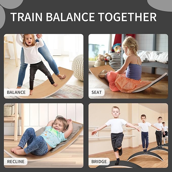 Balance Board, 32 Inch Wooden Wobble Board, Montessori Rocker Yoga Curvy Board Natural Wood, Open Ended Learning Toy, Sensory Play Equipment for Office & Classroom, Multiple Colors