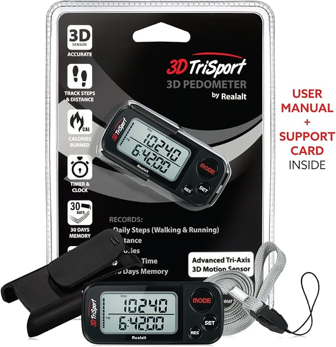 3DTriSport Walking 3D Pedometer with Clip & Strap, eBook Included | 30 Days Memory, Accurate Step Counter, Walking Distance Miles/Km, Calorie Counter, Daily Exercise Time Monitor