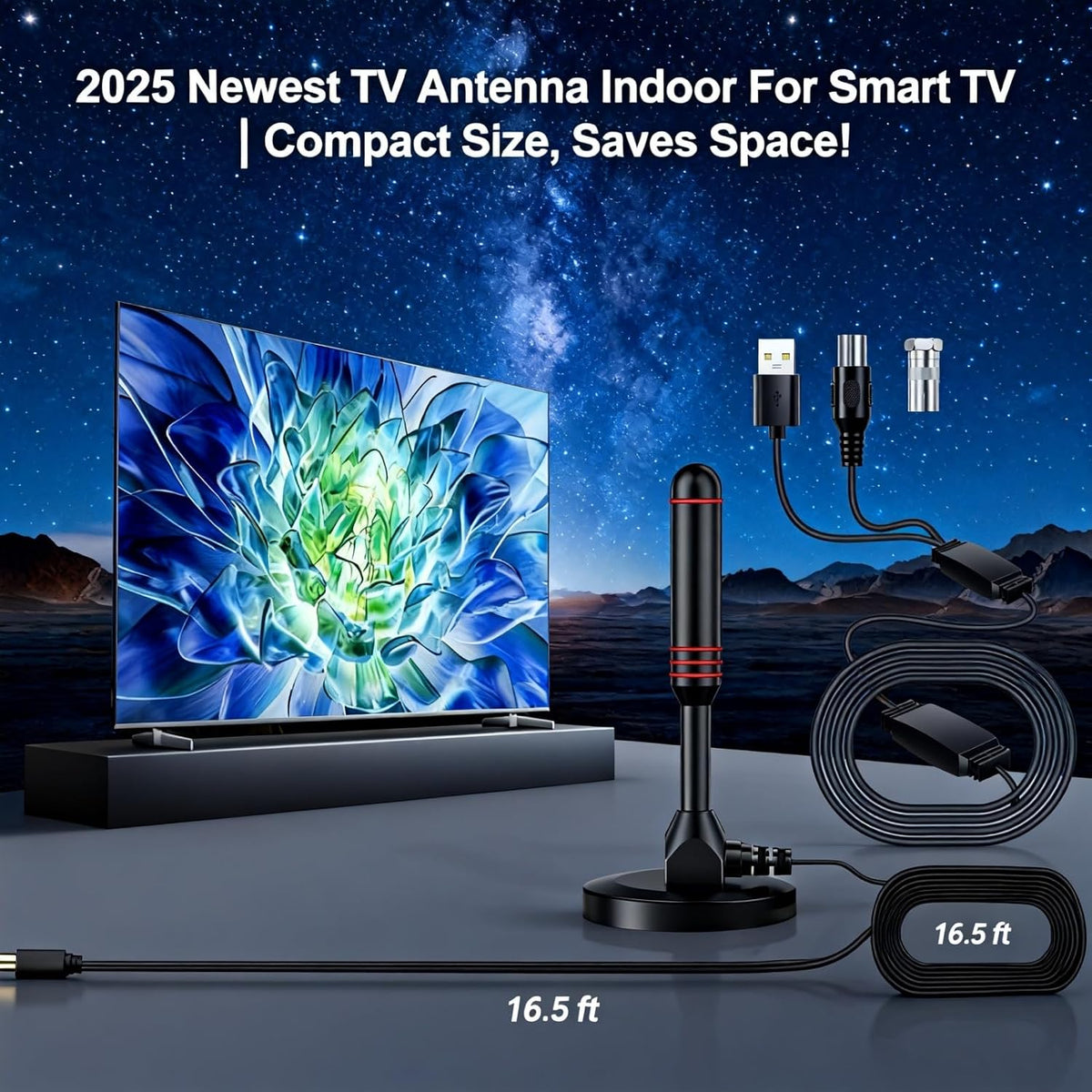 BAOZMINAN 4K 1080p,Easy Installation,16.5ft Cable,2 TV Antenna Smart TV Indoor,Long Range Reception for Local Channels