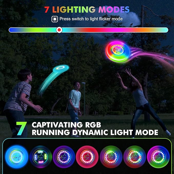 Pro LED Flying Sport Disc Toy for Kids Adults, 7 Dynamic Modes Glow in The Dark Fiying Ring, 175 Gram, Light Up Flashing, Sand Beach Toy for Lawn, Outdoor, Park, Yard, Camping, Toss and Catch Game