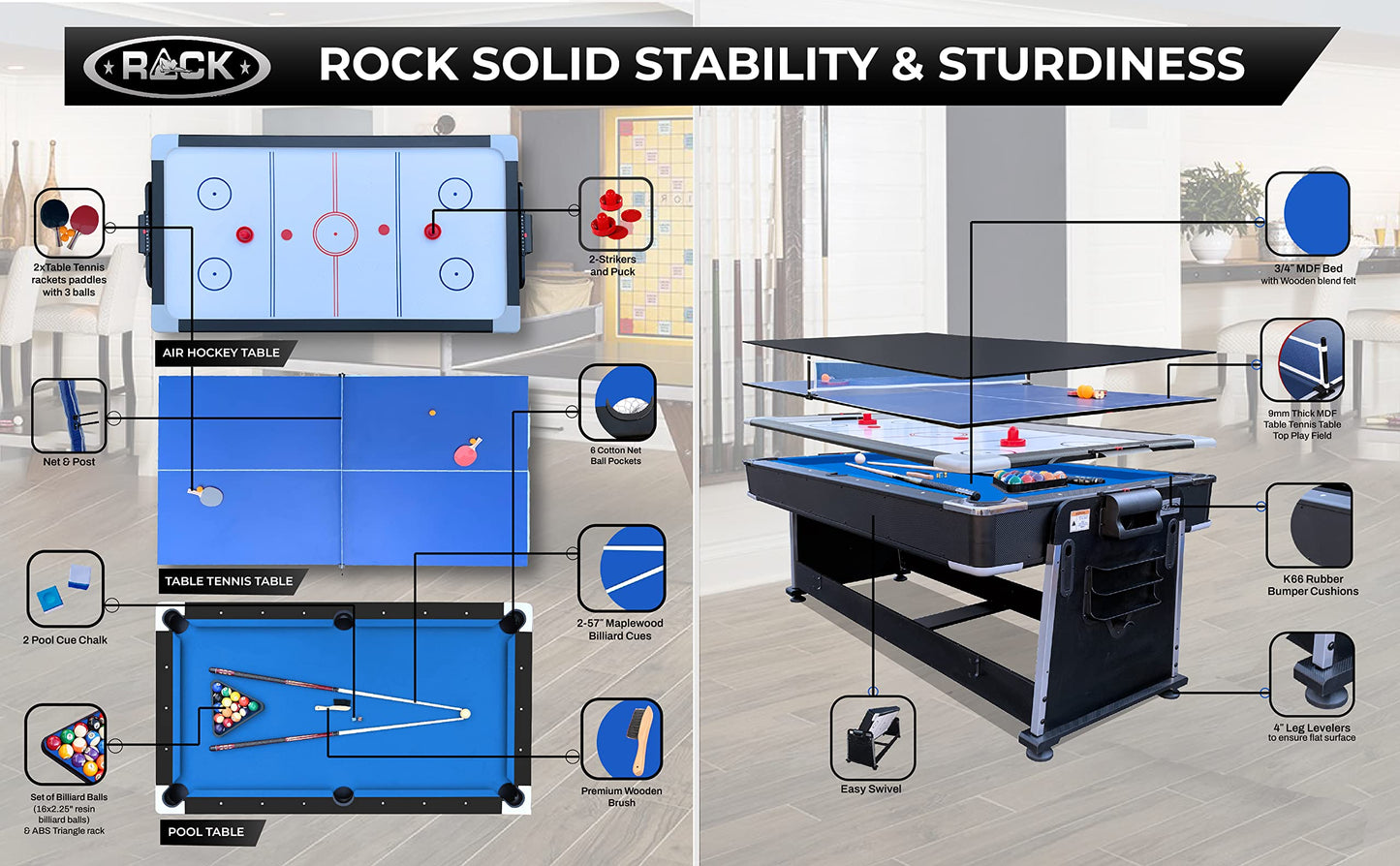 RACK Triad 7-Foot 3-in-1 Multi-Game Swivel Billiard/Pool Table (Blue Felt with Black Body) โ Pool, Table Tennis & Air Hockey Combo Game Table for Adults & Kids, Home Game Rooms