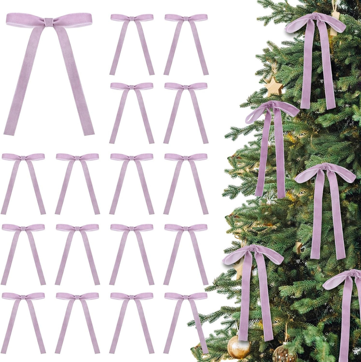 Skiennix 24 Pcs Velvet Bows - Vintage Ribbon Bows for Christmas Tree & Crafts | Light Purple, 5 x 7 Inch