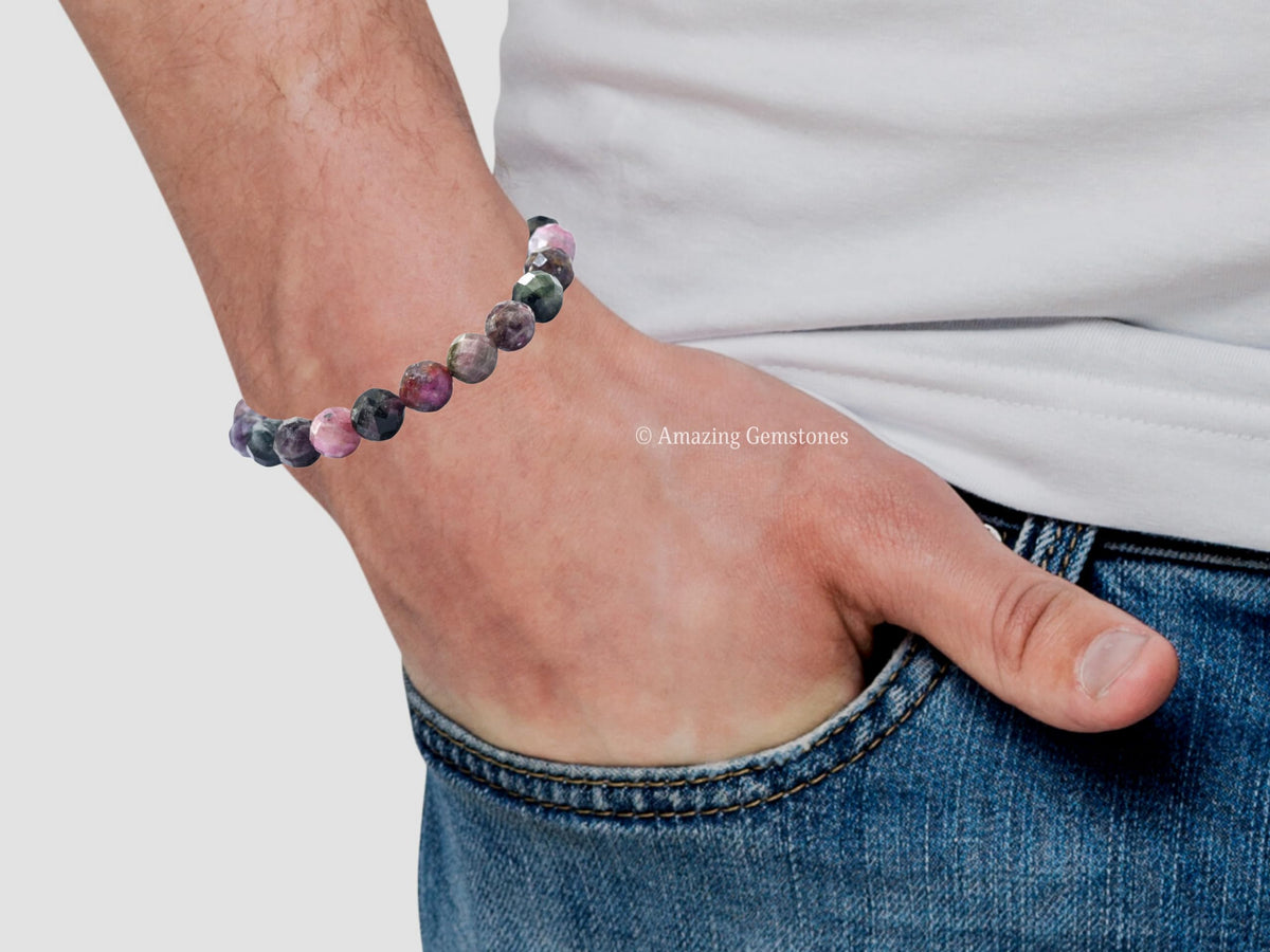 Amazing Gemstone Multi Tourmaline Bracelet for Women - Chakra Mens Bracelet Protection Crystals & Healing Stones - Blessing Bracelet Spiritual Meditation Gift (Faceted Beaded Bracelet)