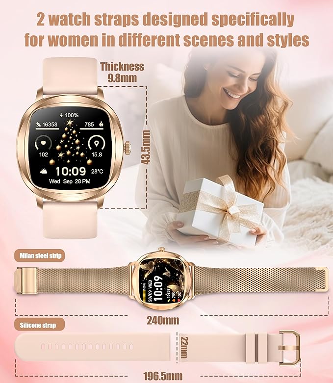 Women's 2pc Band Sports Watch/Smart Watch 1.72" Fitness Tracker with Heart Rate Monitor, 100+ Sports Modes, Sleep Tracking, 7-Day Battery, IP68 Waterproof (Gold)