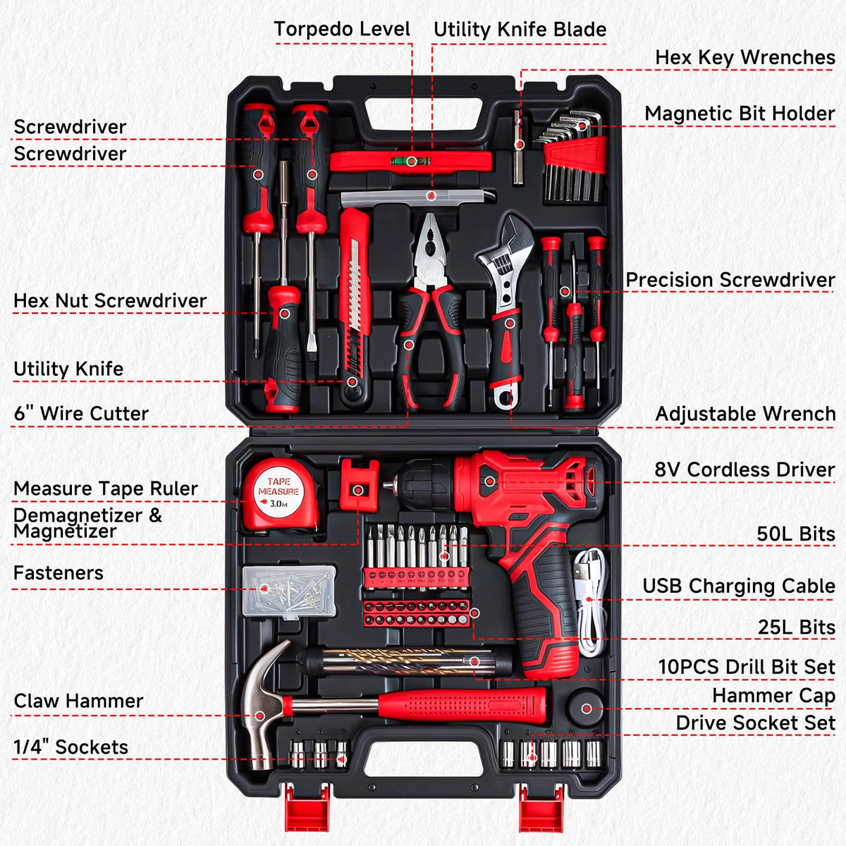 Tool Set - 8V Cordless Drill Set, 132 Piece Home Tool Set With Hand Drill, Tool Kit for Women & Men, Perfect for Homeowner, Diyer, Handyman