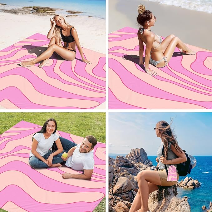 Pink Beach Blanket Waterproof Sandproof, Outdoor Beach Mat Sand Free with 4 Stakes & 4 Pockets, 9 Ft X 10 Ft Oversized Lightweight Compact Polyester Beach Essentials for Picnic, Camping, Sun Shade