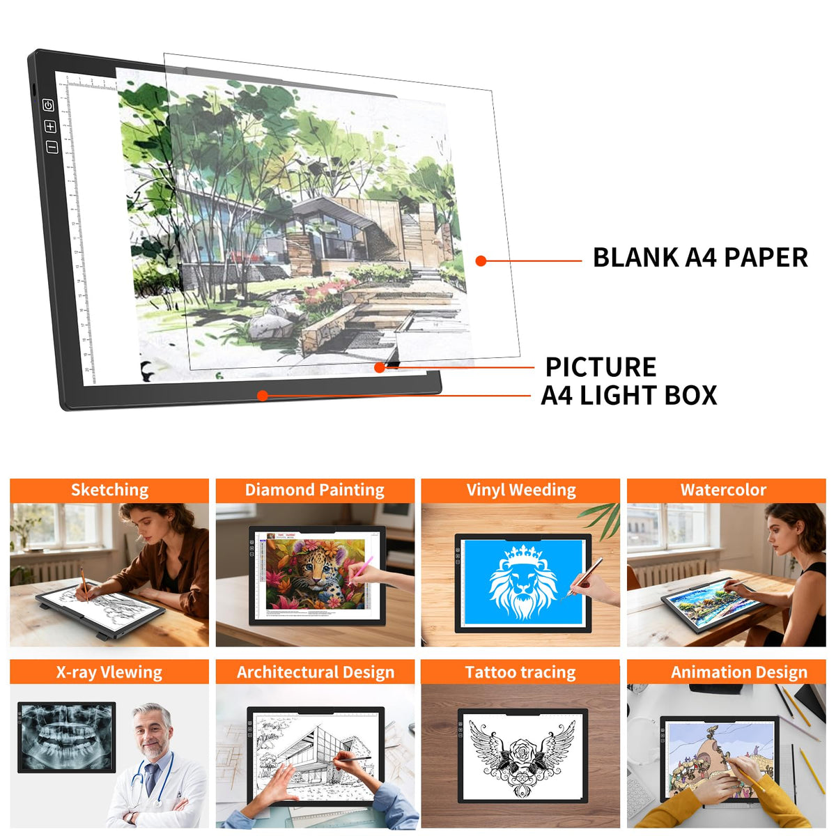 HIUKCOLED Rechargeable A4 Light Pad, Battery Powered Light Board with Top Clip๏ผStand, Stepless Dimmable๏ผ6-Level Brightness Adjustable, Wireless LED Tracing Box for Diamond Painting,Drawing,Sketching