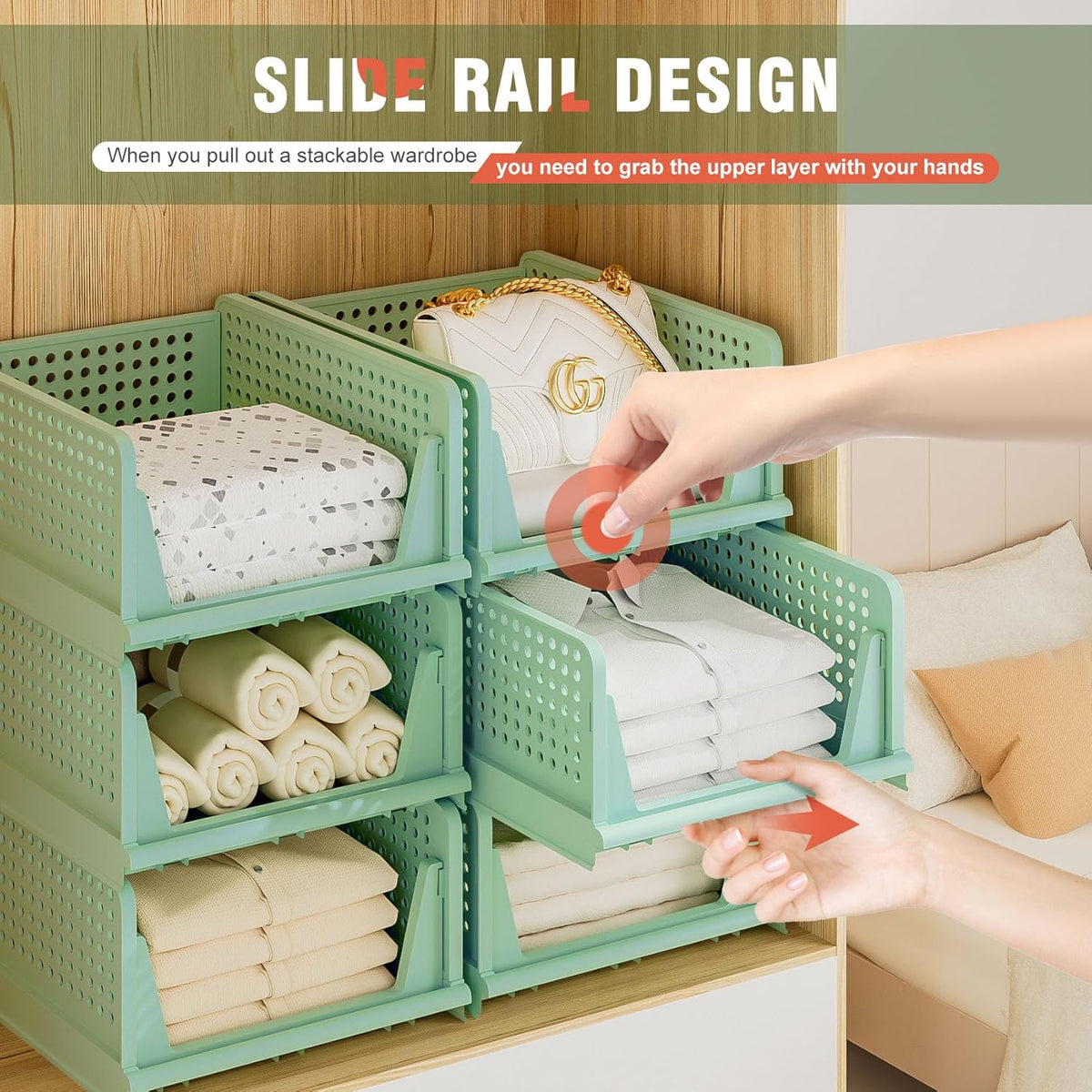Stackable Plastic Storage Drawers - Closet Organizer with Open Bins for Clothes | 5-Drawer Set in Green