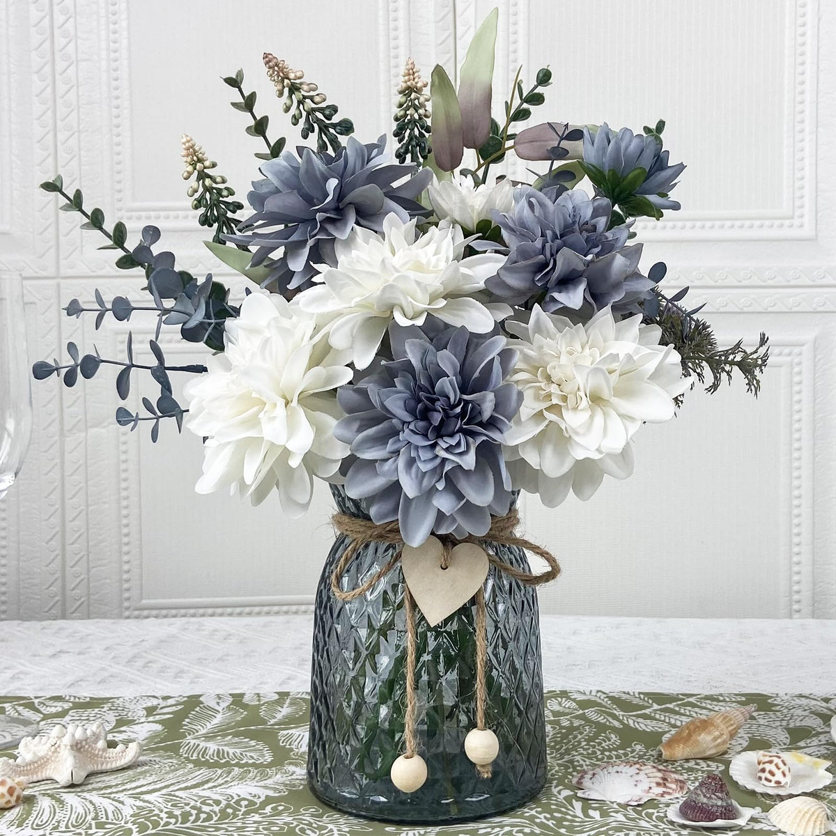 SHINFHOMF Fake Flowers in Vase,8 Dahlias,Silk Artificial Flowers in Vase,Centerpiece Table Decorations,Faux Flowers in Vase with a Flower Arrangement Holder