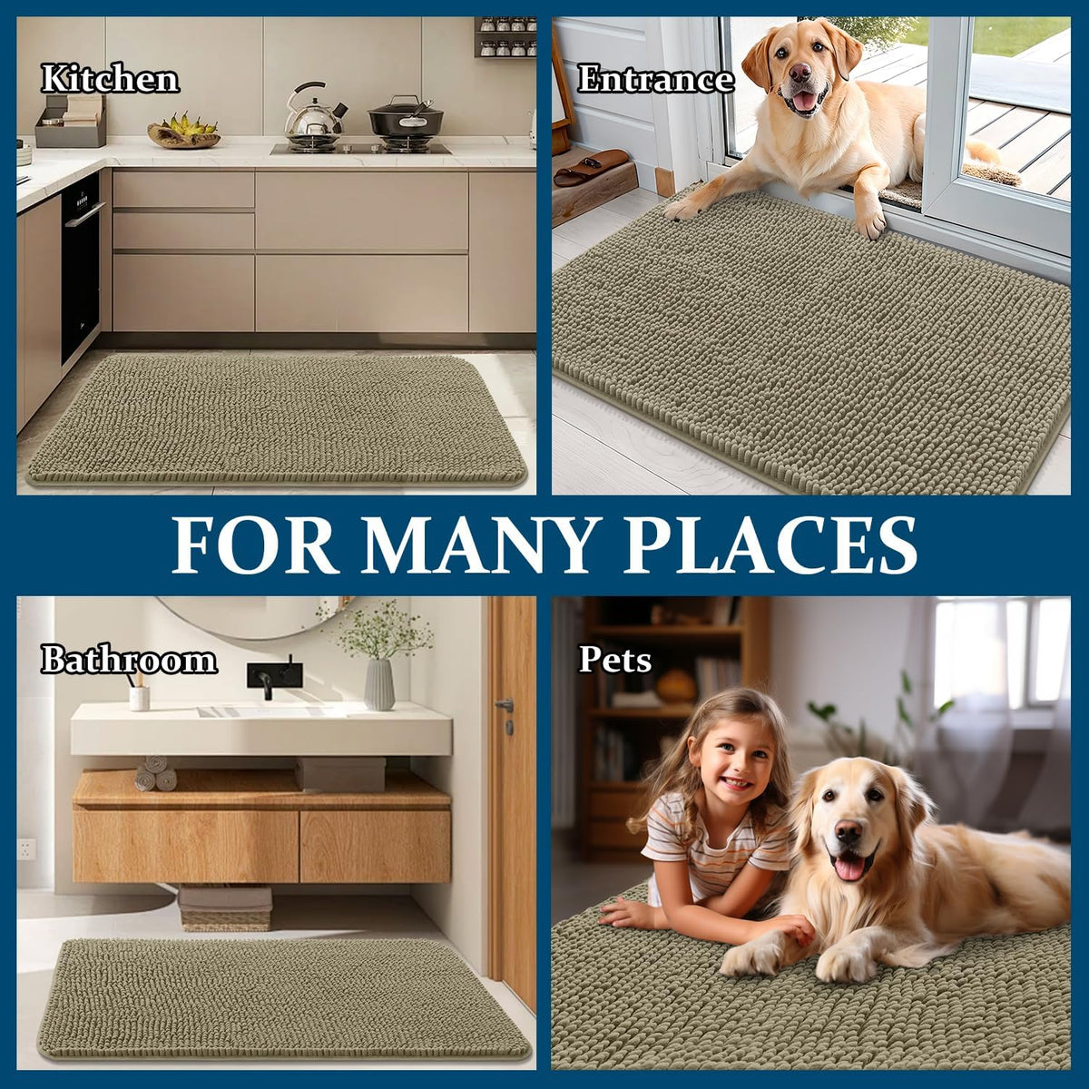 OLANLY Dog Door Mat - Absorbent Non-Slip Chenille Mat for Muddy Paws | 47x24 Inches, Warm Taupe