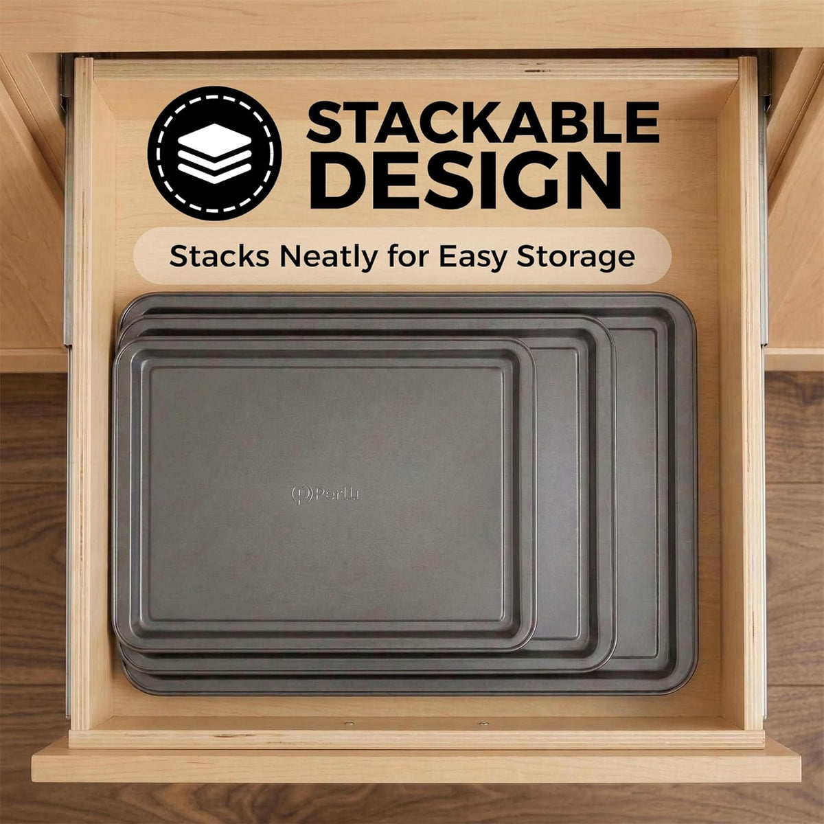 PERLLI Non-Stick Baking Pan Set - 3-Piece Carbon Steel for Even Heat Distribution | Oven Safe to 446°F, BPA-Free, Dishwasher Safe - Gray