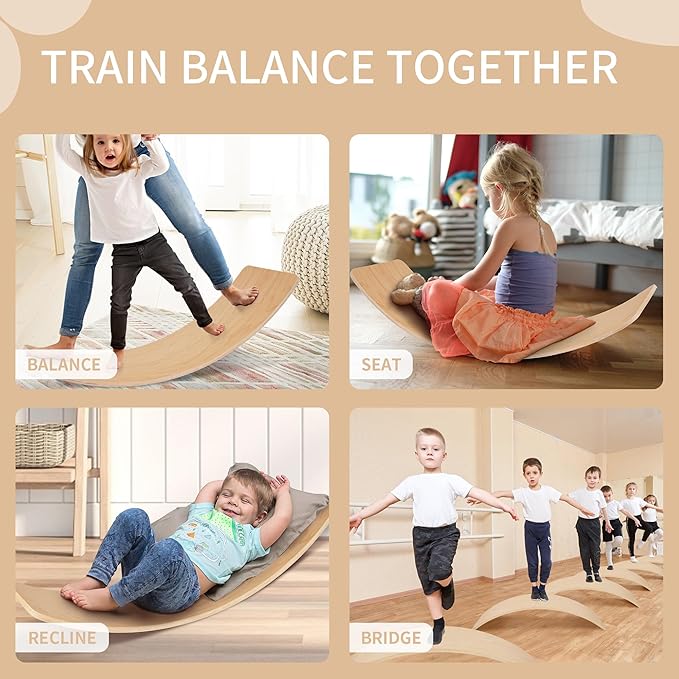 Balance Board, 32 Inch Wooden Wobble Board, Montessori Rocker Yoga Curvy Board Natural Wood, Open Ended Learning Toy, Sensory Play Equipment for Office & Classroom, Multiple Colors