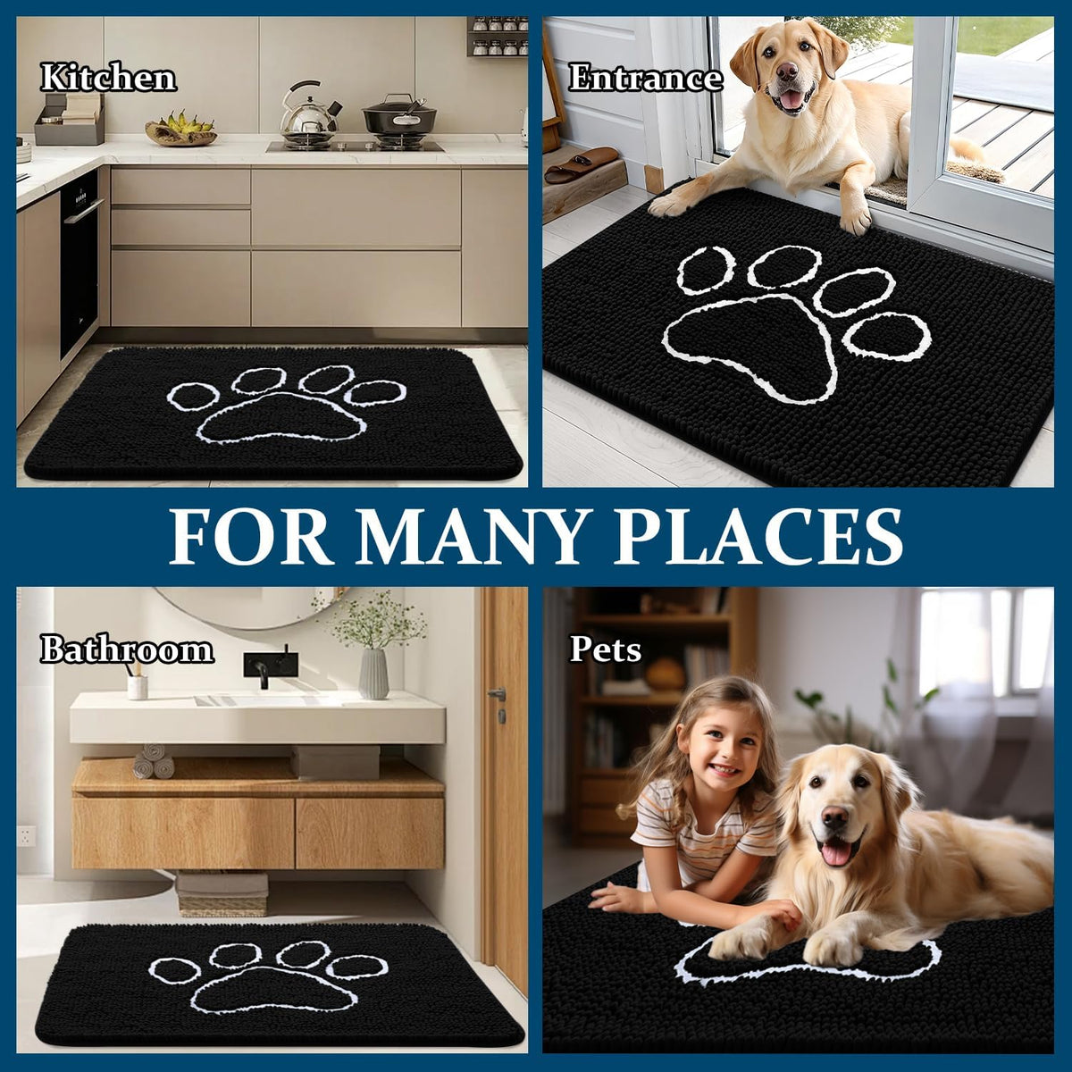 OLANLY Dog Door Mat - Absorbent Non-Slip Mud Mat for Muddy Paws | 45x27 Inches, Black Paw Print Design