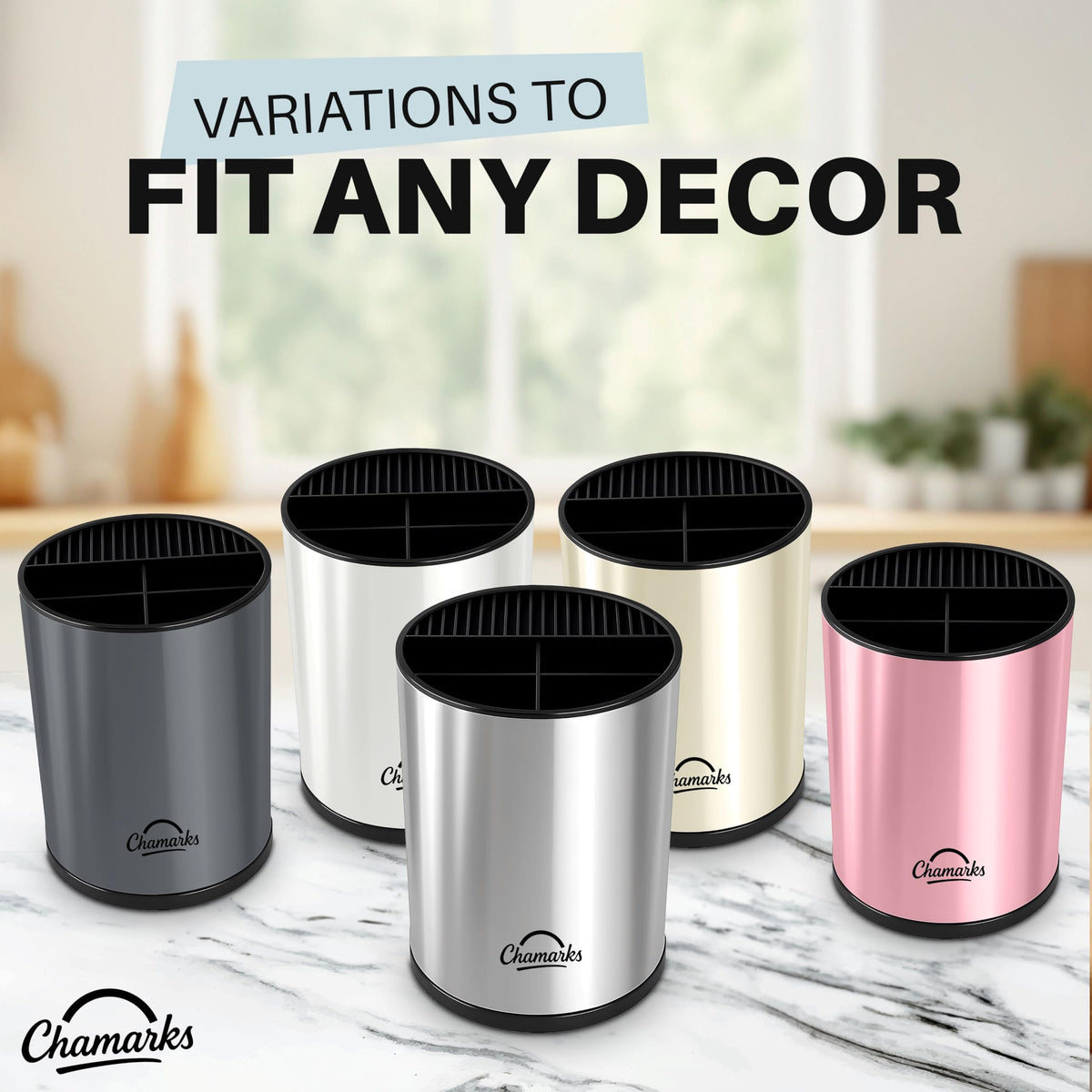 CHAMARKS 3-in-1 Kitchen Utensil Holder for Countertop with Knife Block and Silverware Caddy. (Silver)