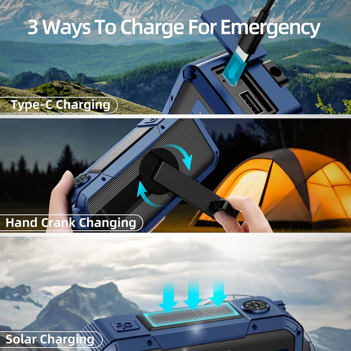 libovgogo IPX5 Alarm,2000mAh Emergency Weather Radio with Waterproof Portable Bluetooth Speaker,USB-C Solar Hand