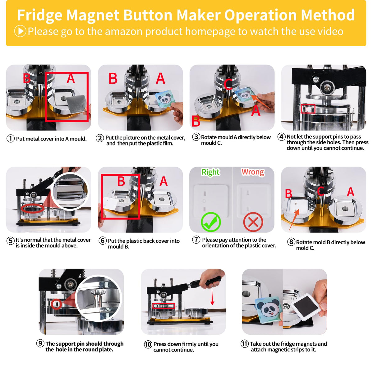 MK.Bear Fridge Magnet Button Maker Machine, 50mm/1.97 in Square Button Maker Kit for Refrigerator Magnet, DIY Pin Maker Badge Press Machine with 100 Sets Button Supplies