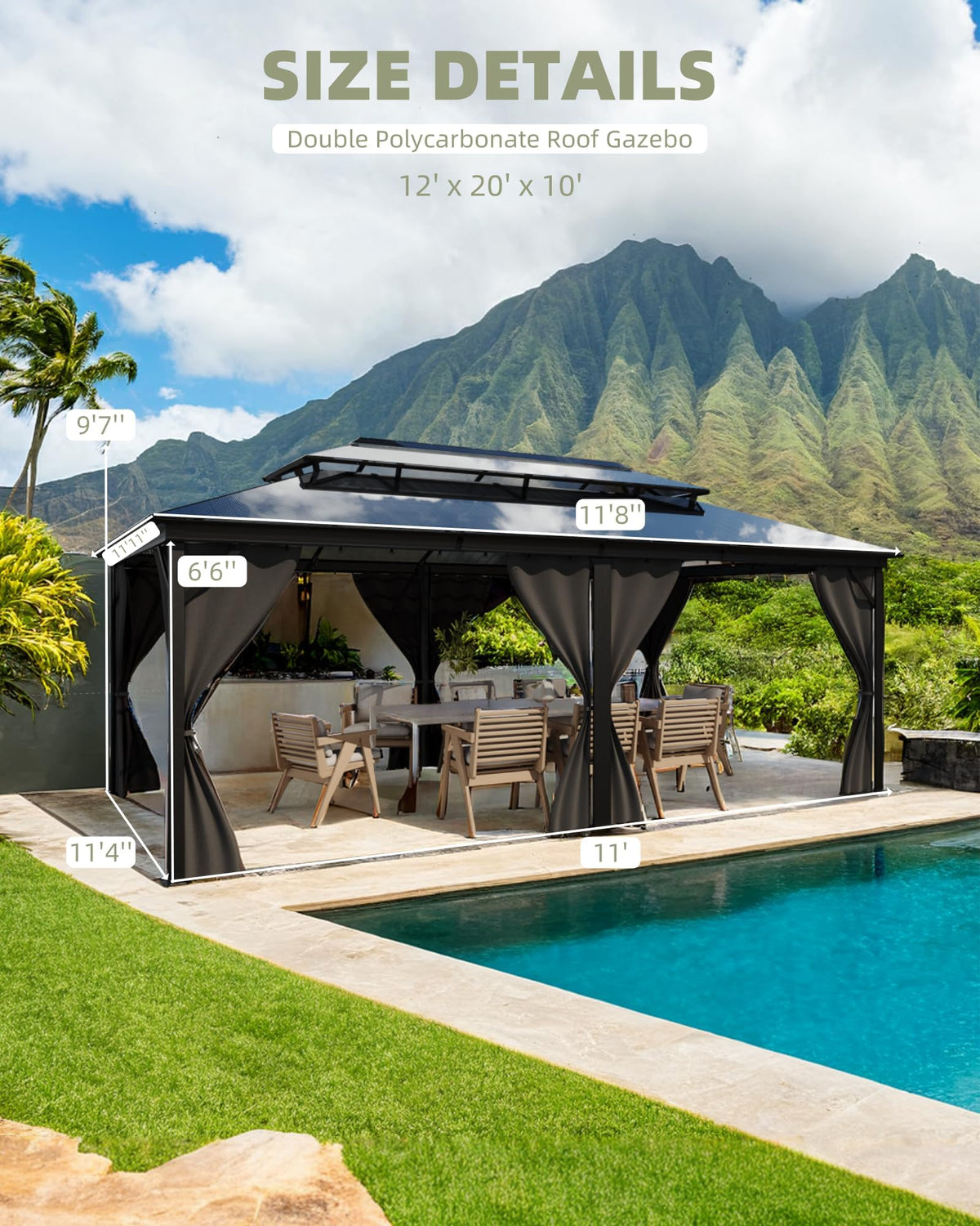 12'x20' Hardtop Gazebo, Permanent Outdoor Pavilion Gazebo with Double Polycarbonate Roof, UV Protection, Aluminum Alloy Frame, Netting & Curtains Included for Patio/Backyard/Lawn/Garden, Gray