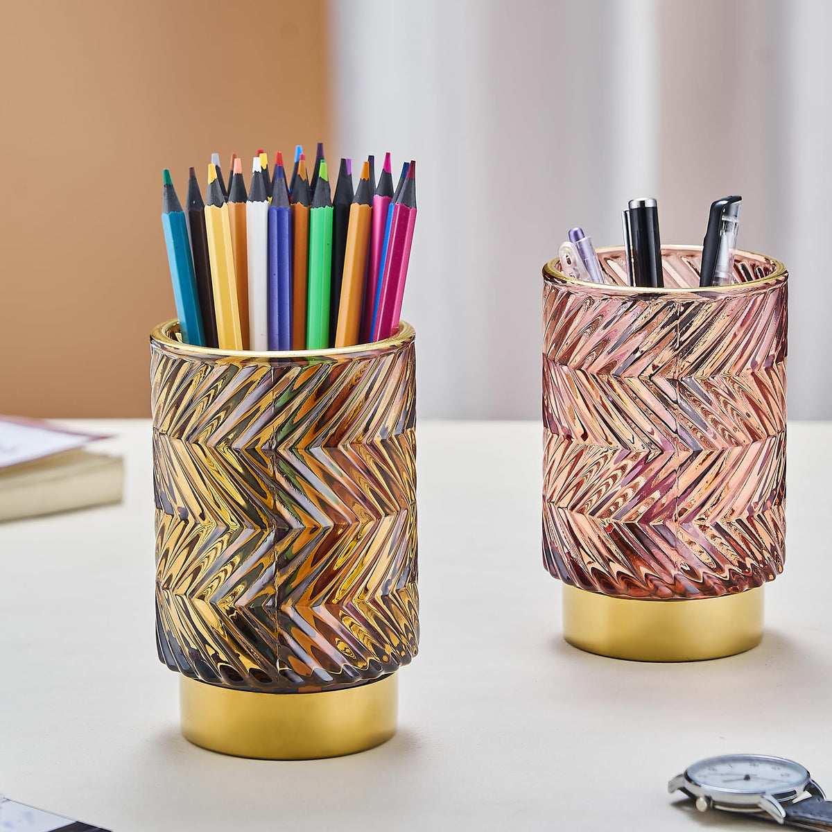 LEICURACE Makeup Brush Holder Organizer,Toothbrush Holders,Desk Pen Pencil Holder,Multifunctional Vintage Glass Brush Cup(A40-4-US)