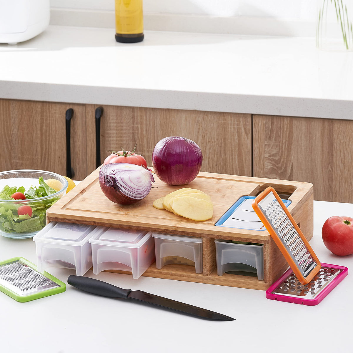 COMELLOW Bamboo Cutting Board with Containers, Lids, and Graters, Large Wood Cutting Board with Containers, Food Dropping Zone, Carving Board with Easy-grip Handle, Juice Groove