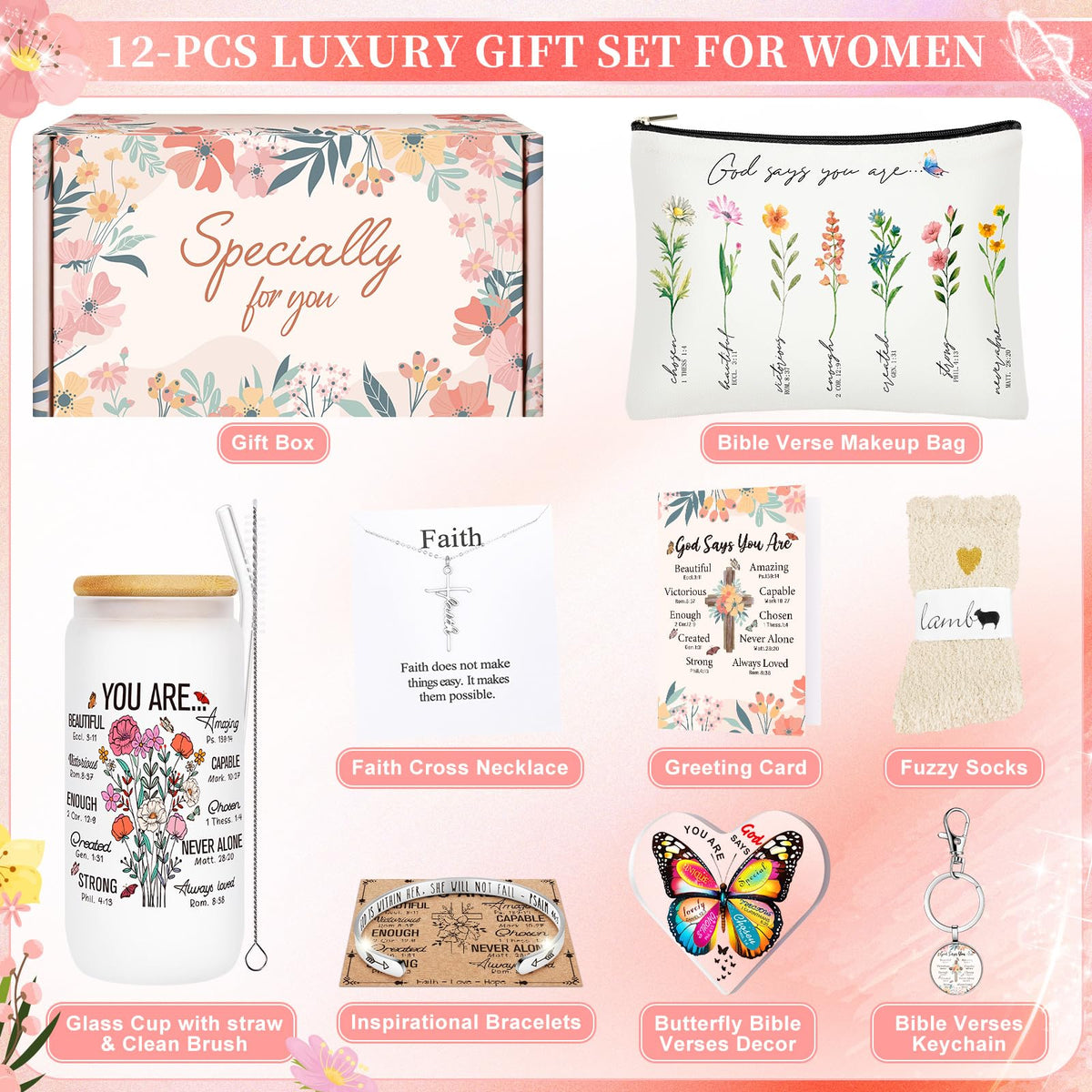 12PCS Christian Gifts for Women Faith,Inspirational Gifts for Women,Christian Birthday Gifts,Spiritual Religious Gifts, Get Well Soon Gifts for Mom,Friends,Sister,Wife,Girlfriends